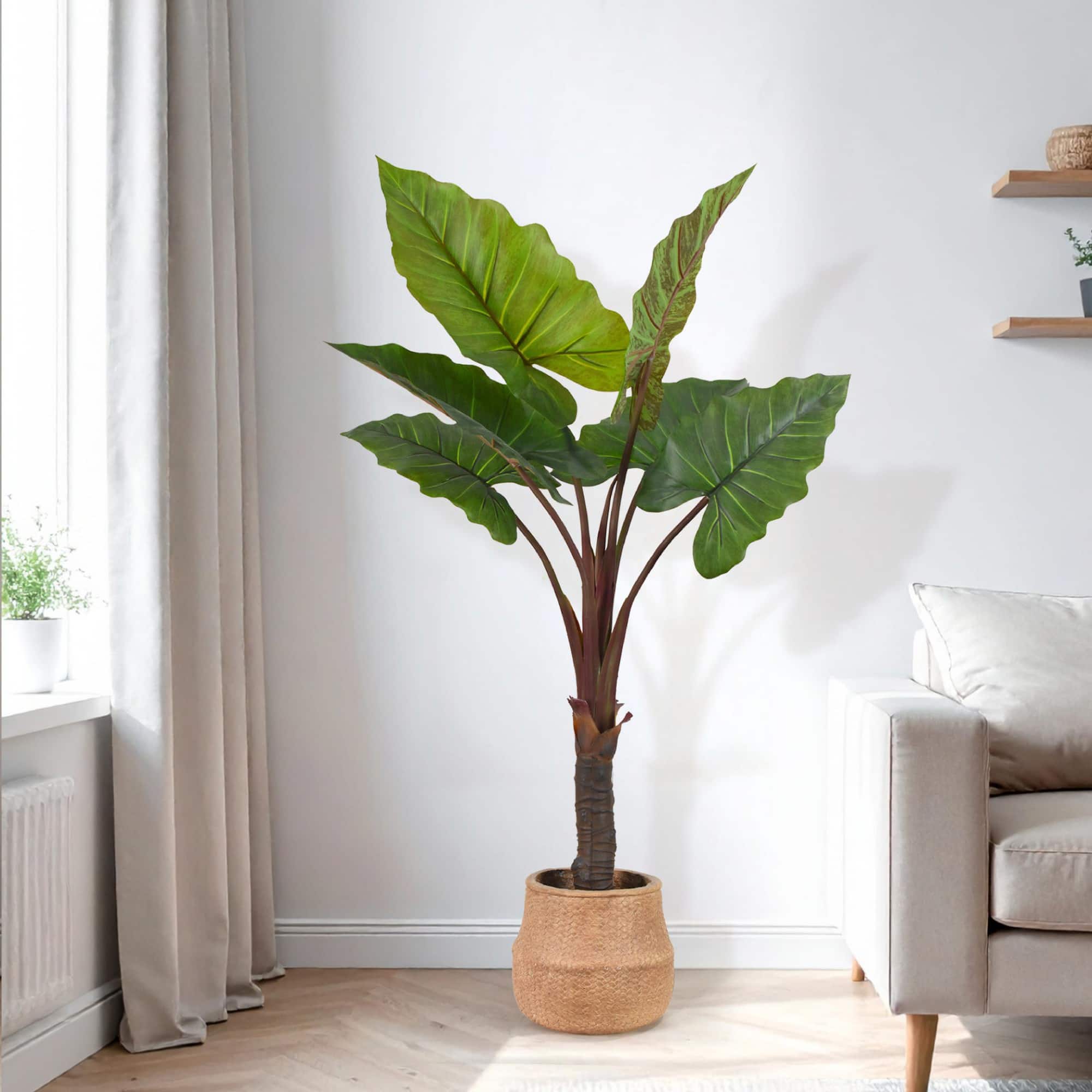 American Art Decor 5ft Artificial Rainbow Taro Tree in Cement Pot Faux Plant