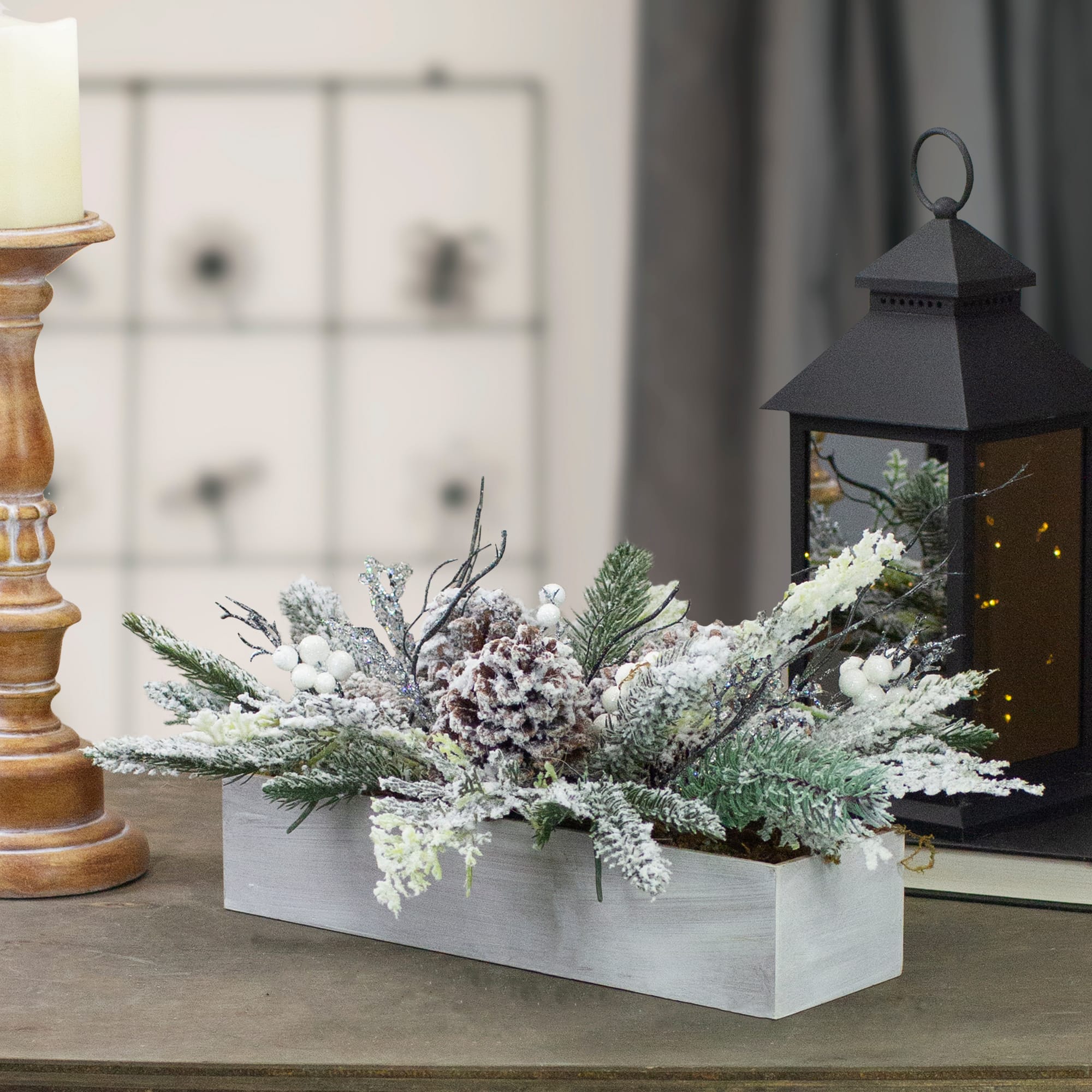 19.5" White & Green Berries with Foliage Tabletop Décor