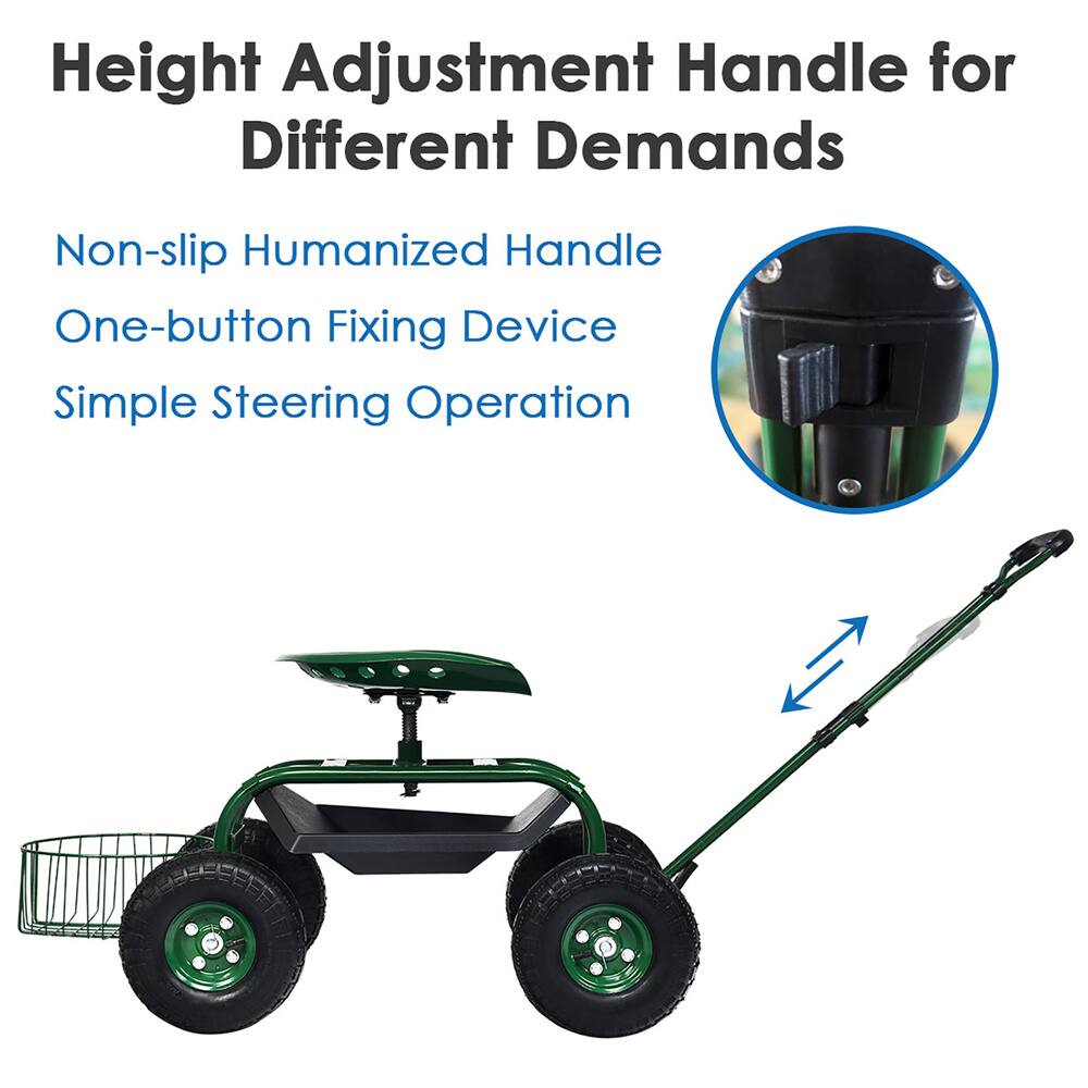Costway Green & Black Garden Cart Rolling Work Seat with Tray Basket Extendable Handle