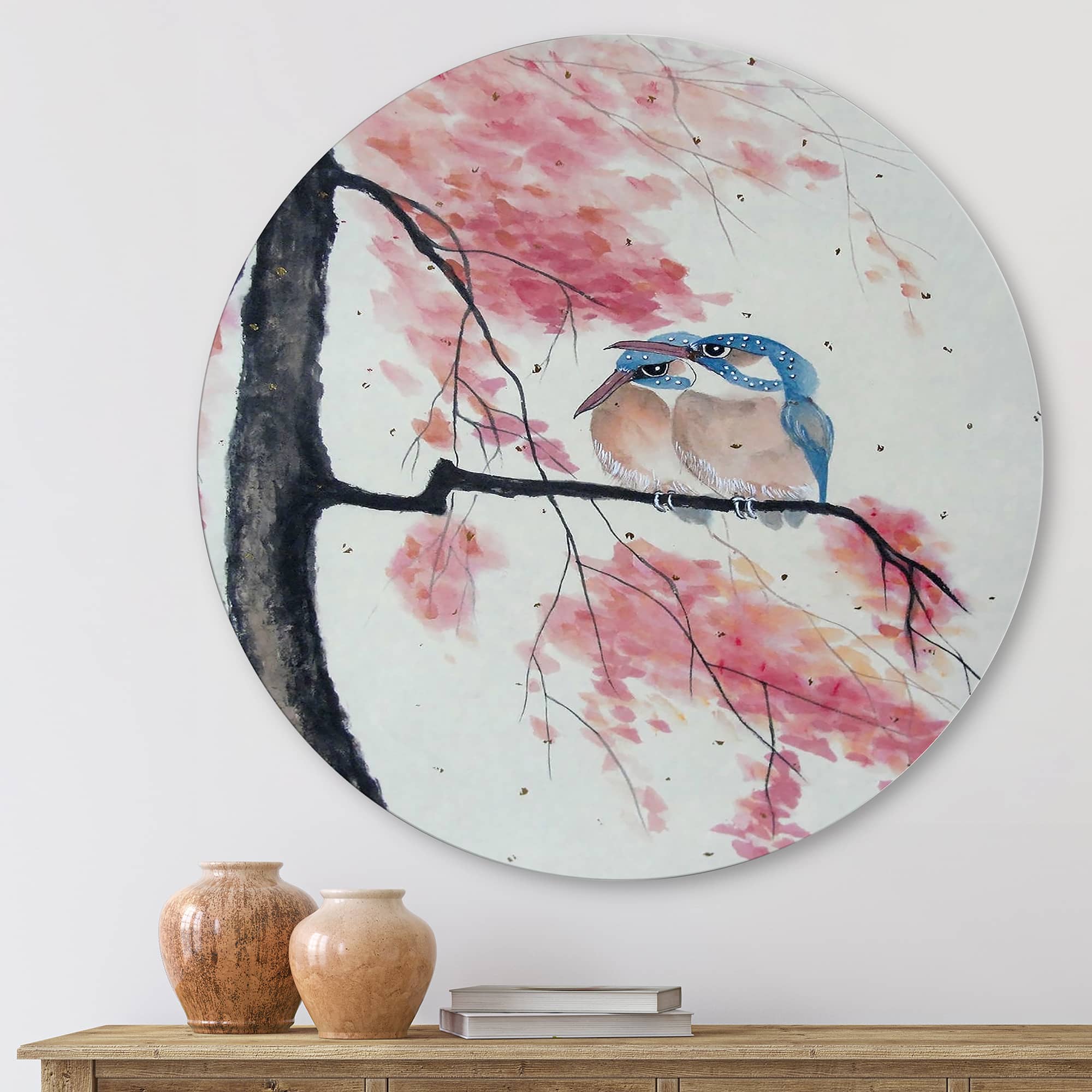 Designart - Two Kingfisher Birds Sit On A Flowering Branch