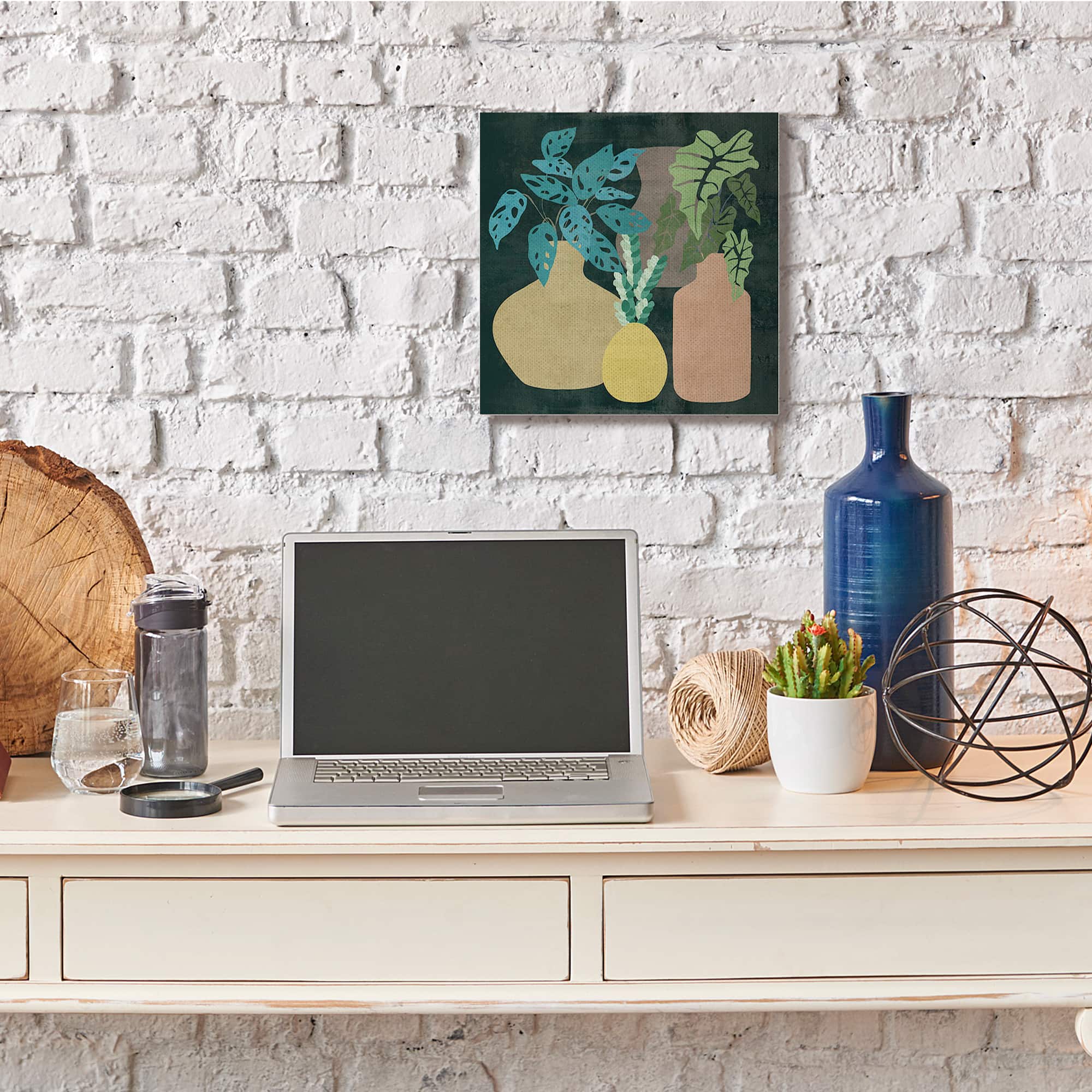Stupell Industries Decorative Vases with Tropical Palms over Black Canvas Wall Art