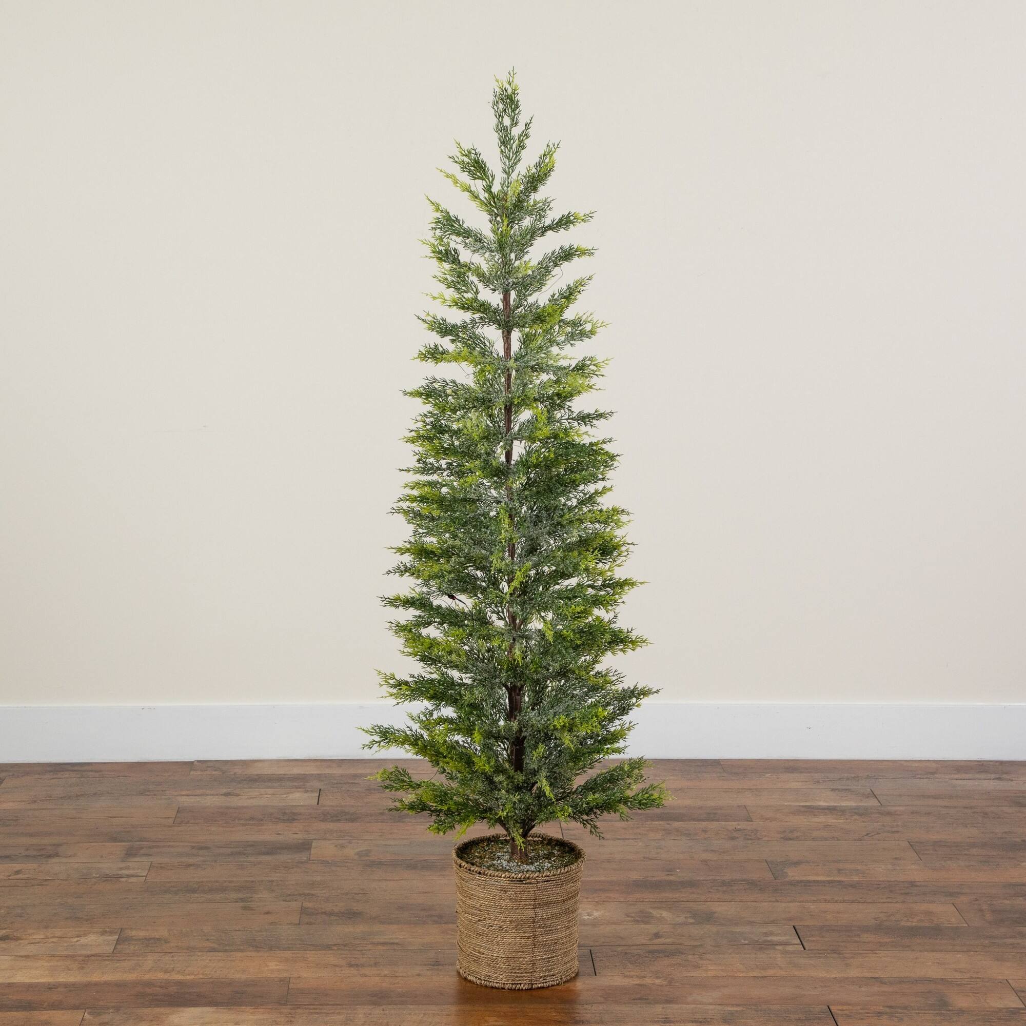 Nearly Natural 5ft. Pre-Lit Snowed Cypress Artificial Christmas Tree in Hyacinth Basket, Clear LED Lights