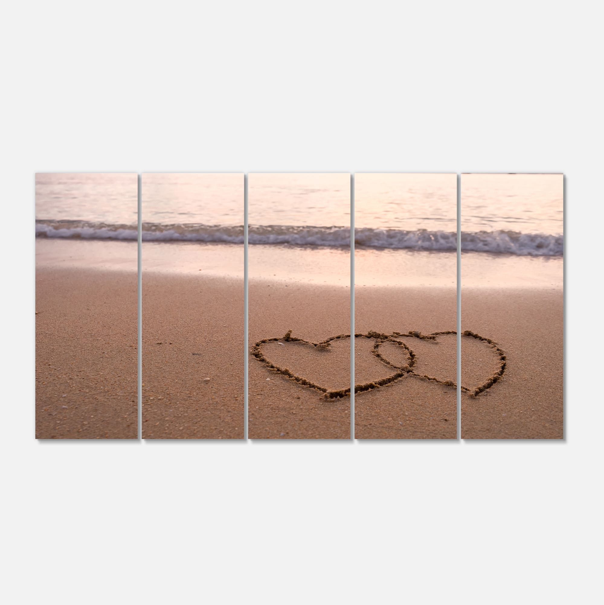 Designart - Two Hearts Drawn on the Beach - Extra Large Seascape Art Canvas