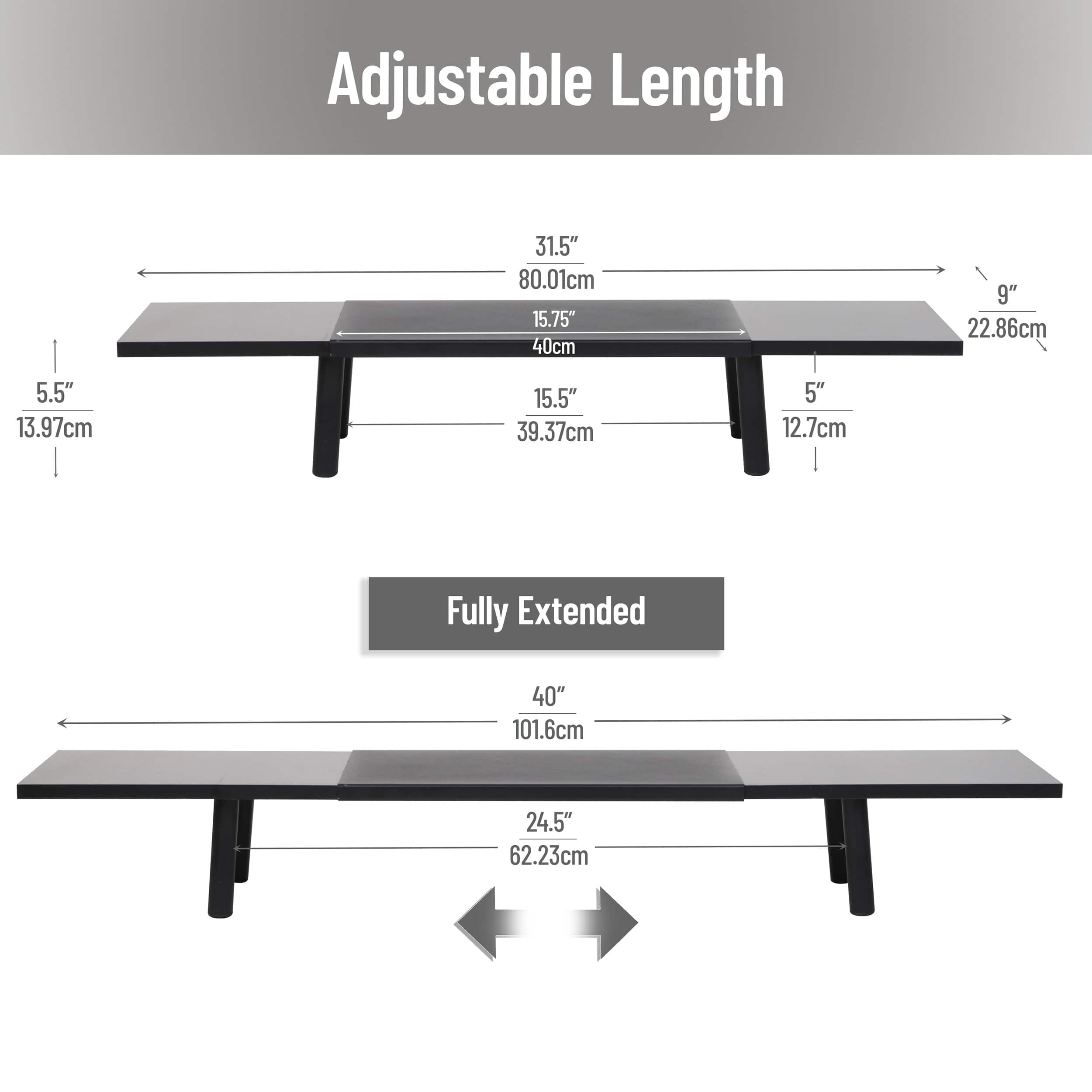 Mind Reader Extendable Monitor Stand, Adjustable Desktop Riser for Dual Monitors, Printers, Laptops, TV, 31.5–40 Inch Width, 88 lb Capacity, Metal and MDF Wood, Black