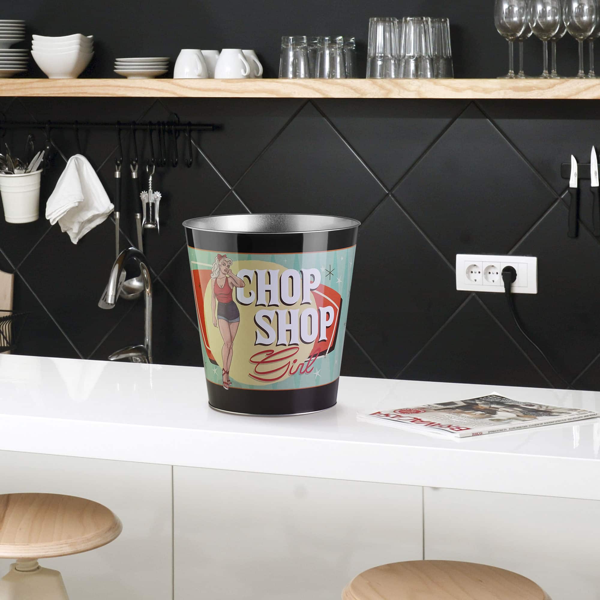 American Art Décor™ 11" Chop Shop Girl Metal Trash Can