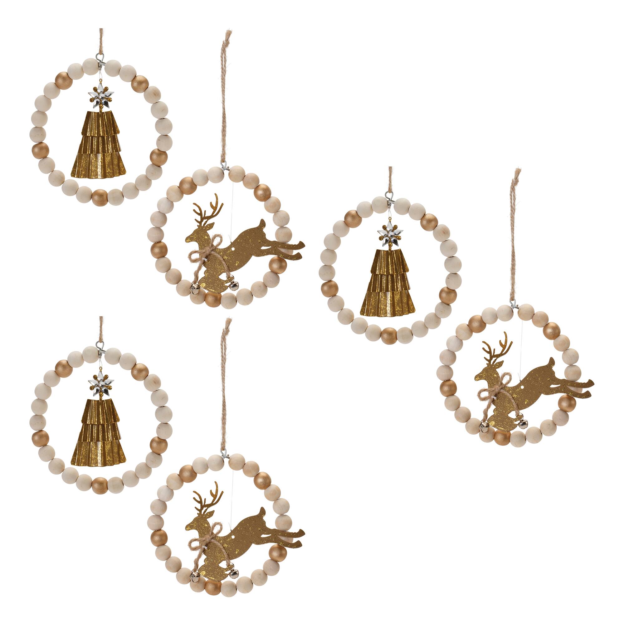 5.5" Beaded Wood Tree & Deer Ornaments Set