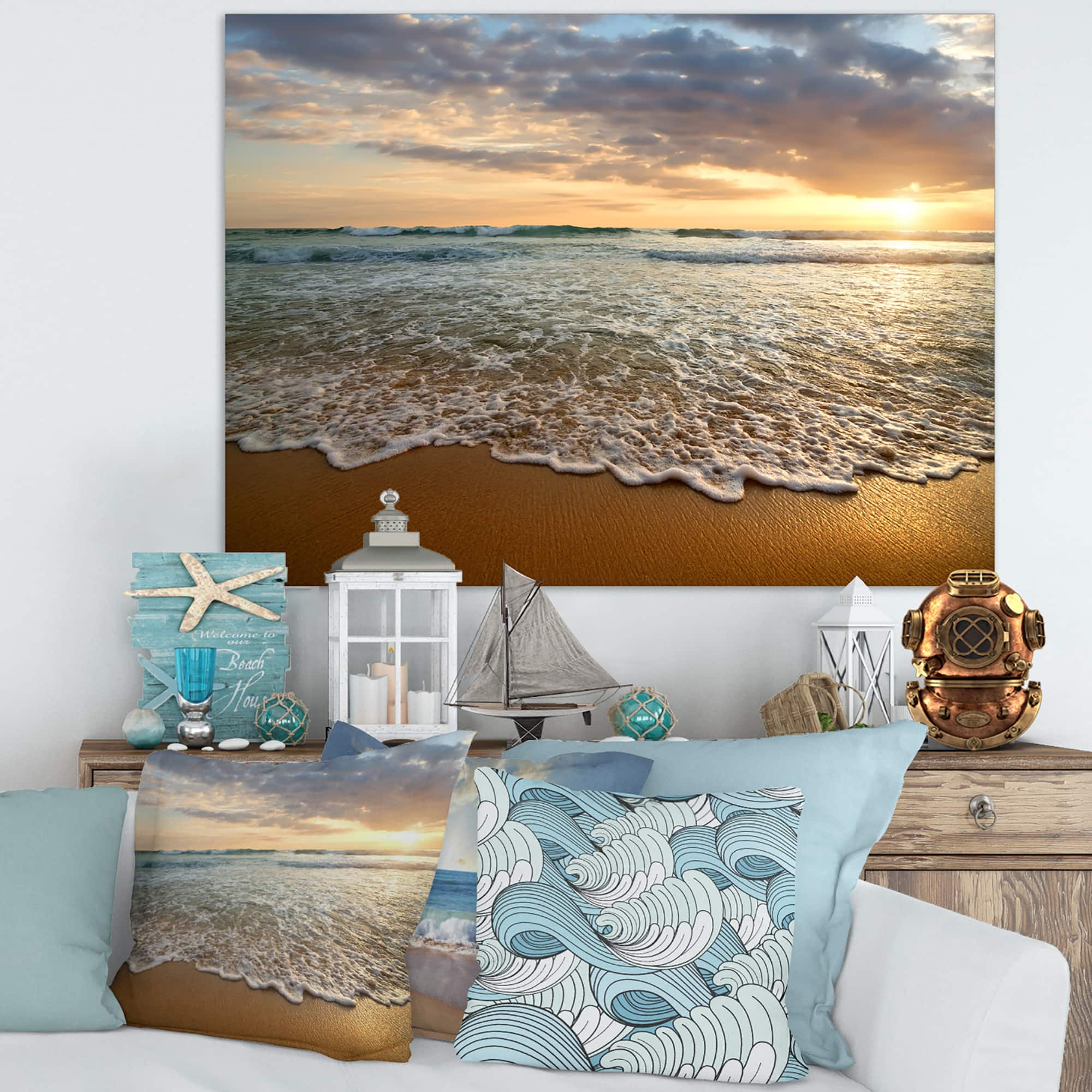 Designart - Bright Cloudy Sunset in Calm Ocean - Seashore Canvas Art Print