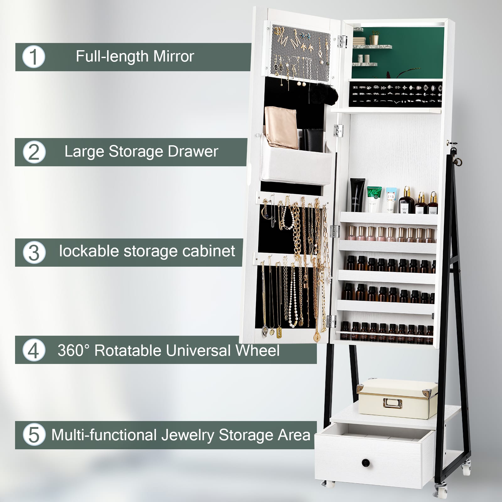 NEX™ 5ft. Pure White Jewelry Armoire on Casters with Chest Drawer