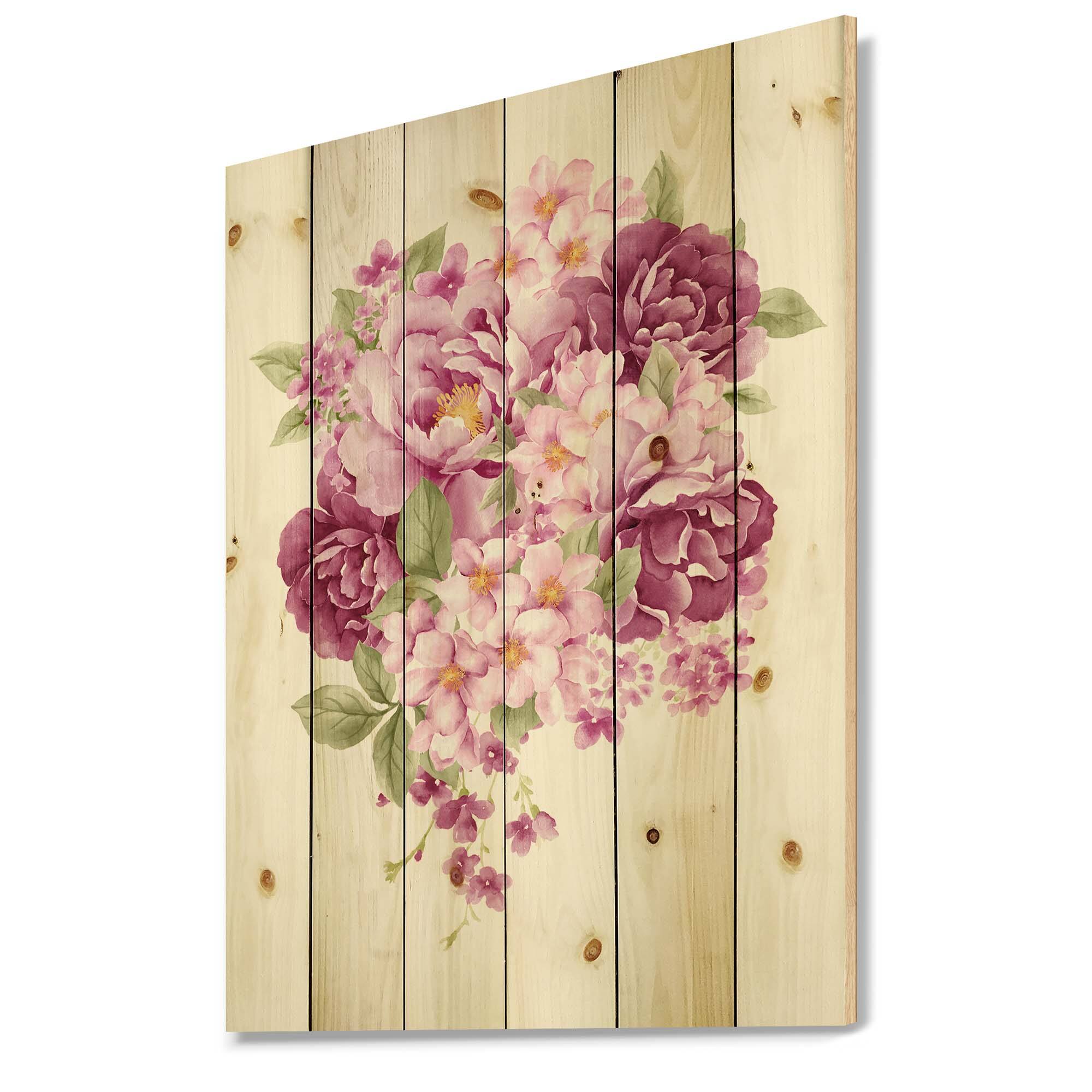 Designart - Pink Retro Flowers - Traditional Print on Natural Pine Wood