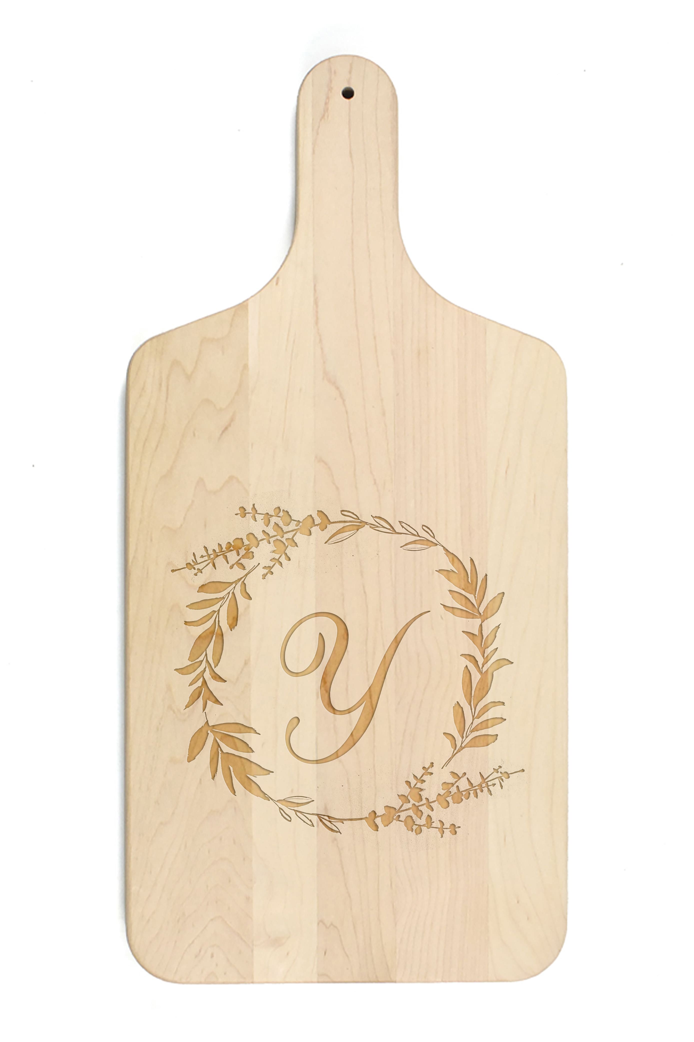 Floral Wreath Monogram Maple Paddle Cutting Board