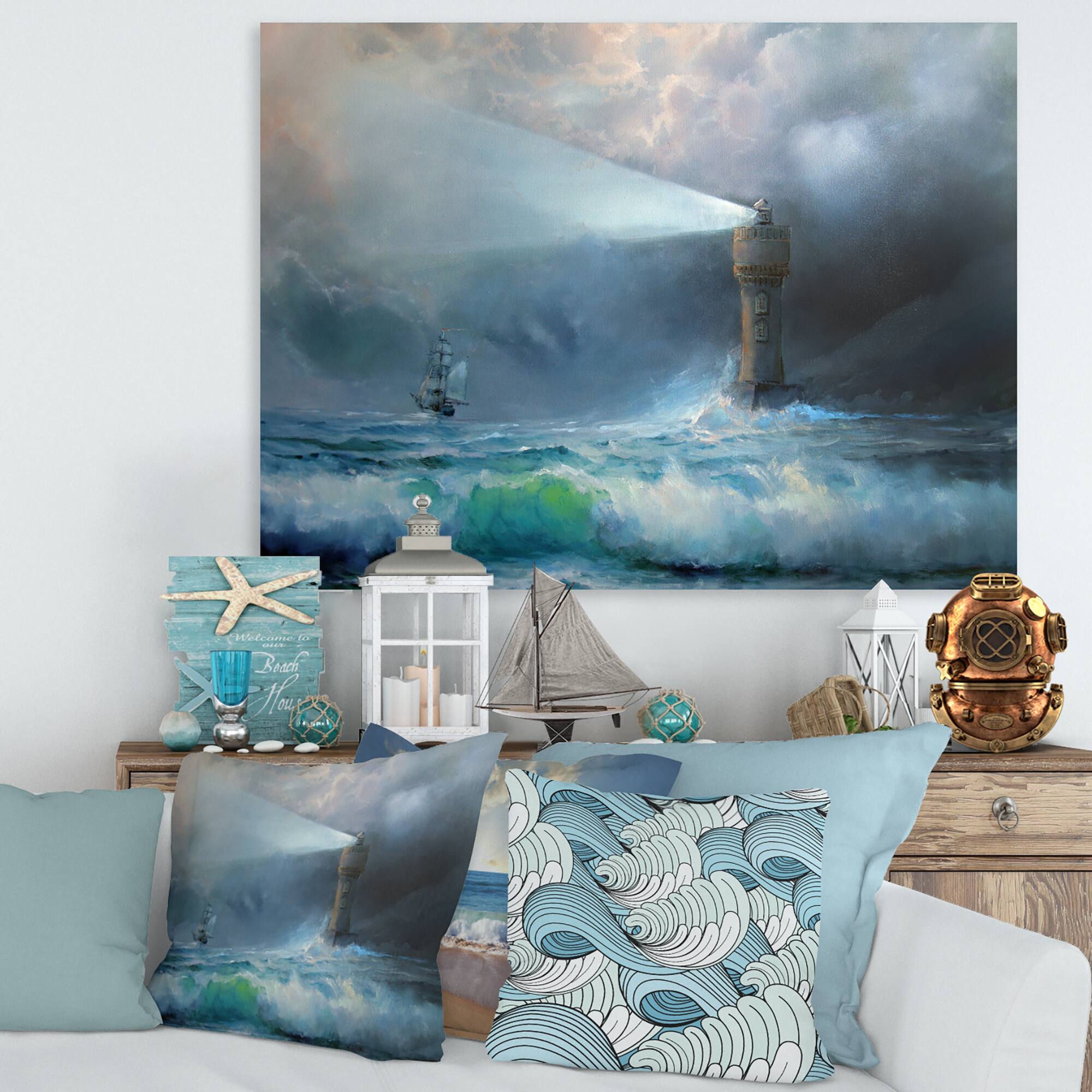 Designart - Lighthouse Shining Light During Stormy Night II - Nautical & Coastal Canvas Wall Art Print