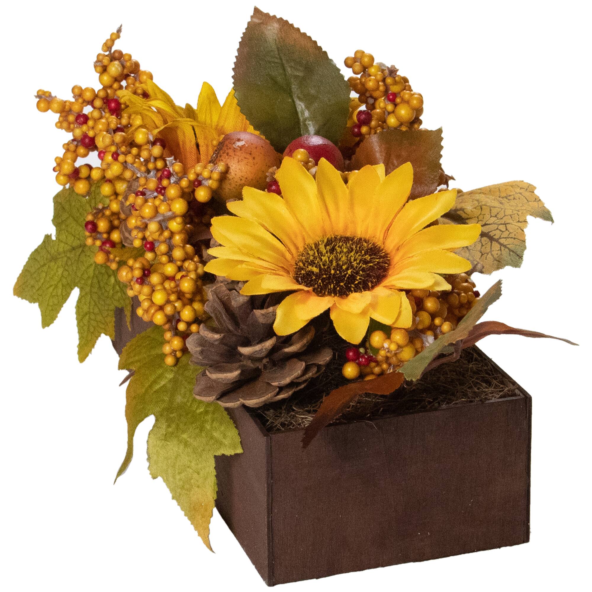10" Yellow & Brown Sunflowers & Leaves Fall Harvest Floral Arrangement