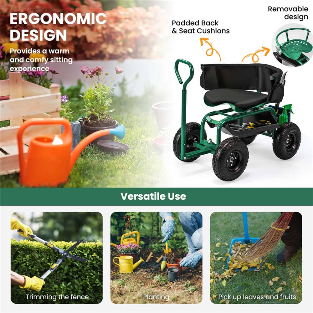 Costway Height-Adjustable Rolling Garden Cart Scooter with Swivel Seat, Tool Tray & Storage Basket