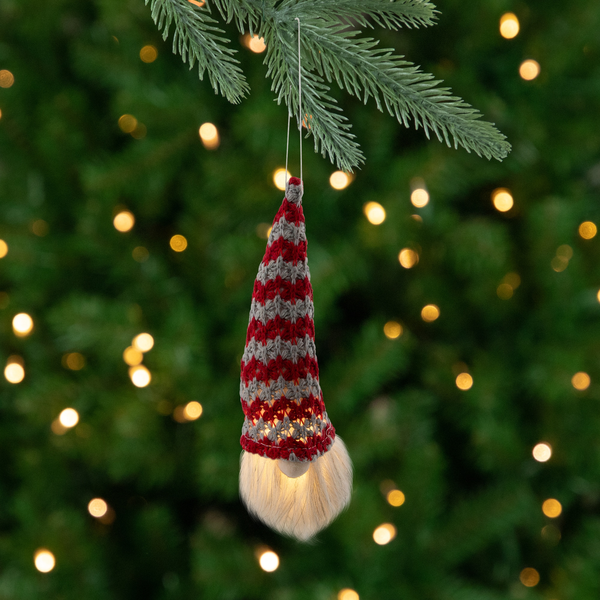 34316697 8 in. Lighted Knit Gnome Head Christmas Ornament, Red & Gray
