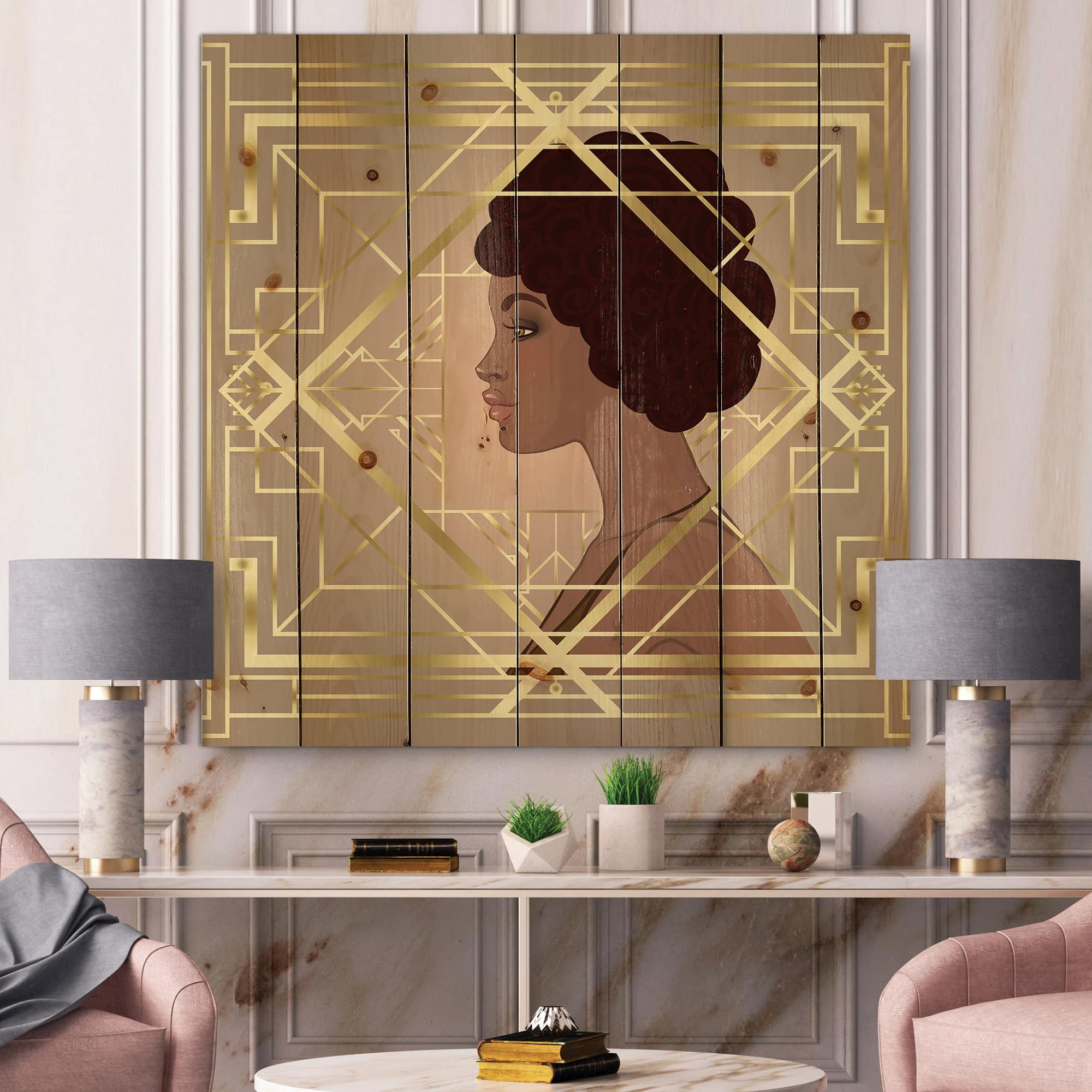 Designart - Retro Women In Golden Art Deco Geometrics II - Modern Print on Natural Pine Wood