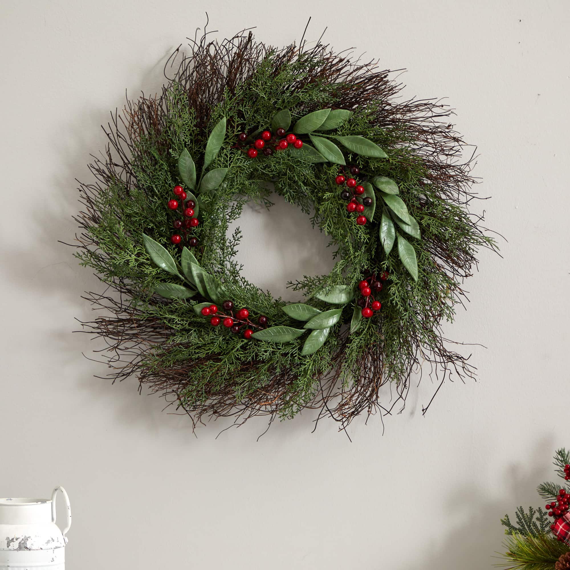20" Cedar & Ruscus with Berries Wreath