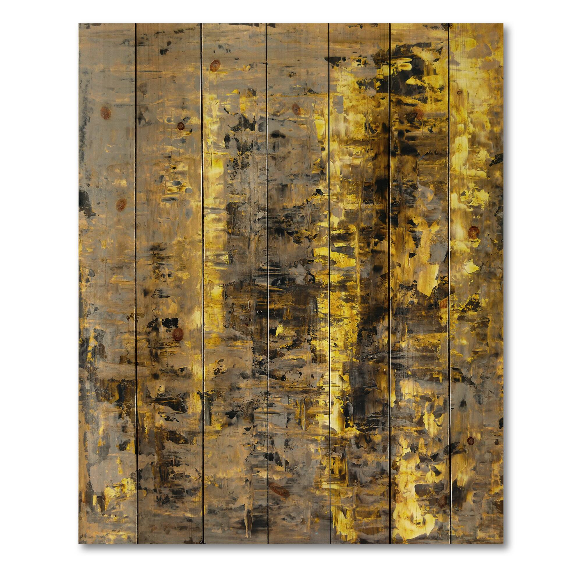 Designart - Yellow Meets Grey Abstract Art II - Modern Print on Natural Pine Wood