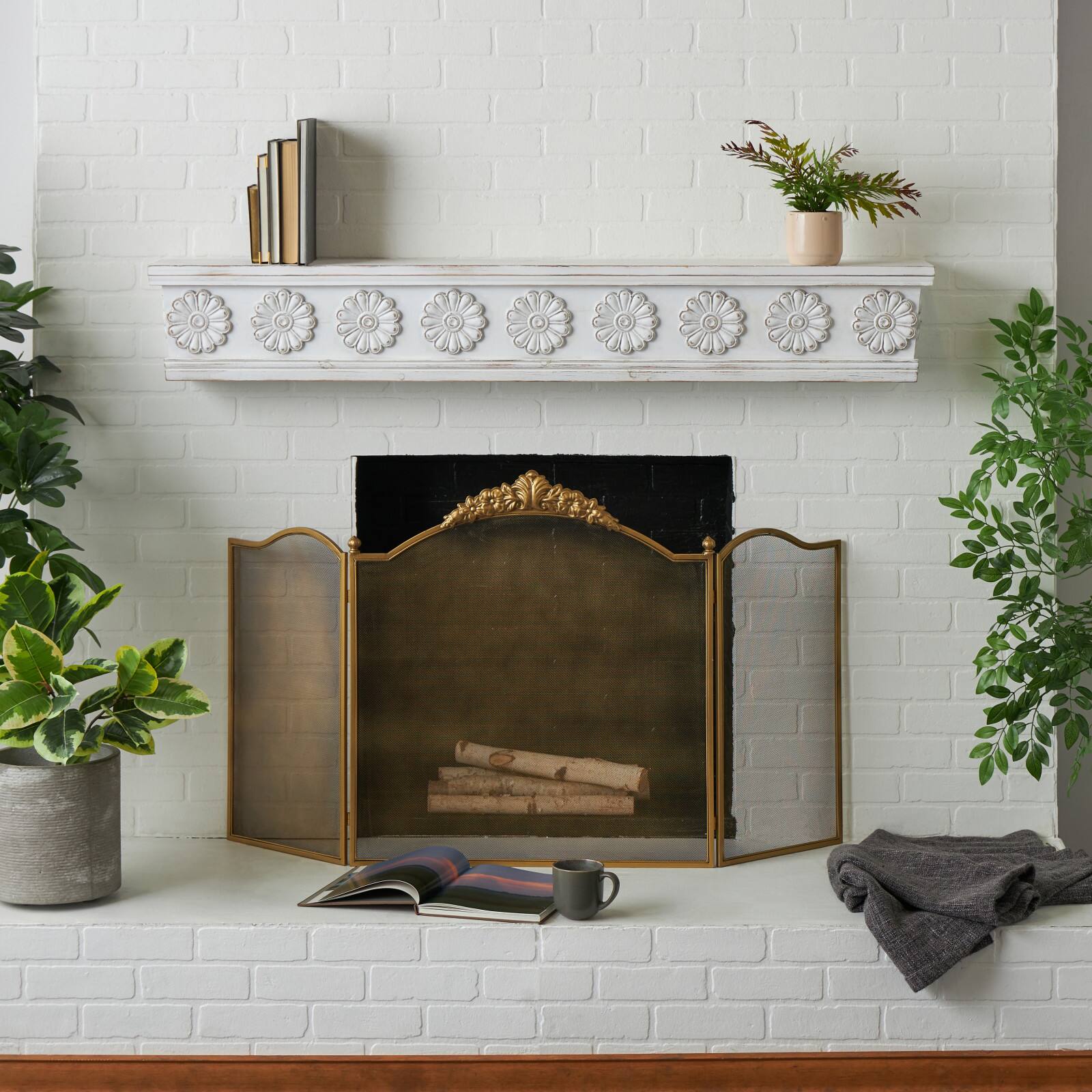 White Wooden Floral Room Wall Shelf with Brown Distressing