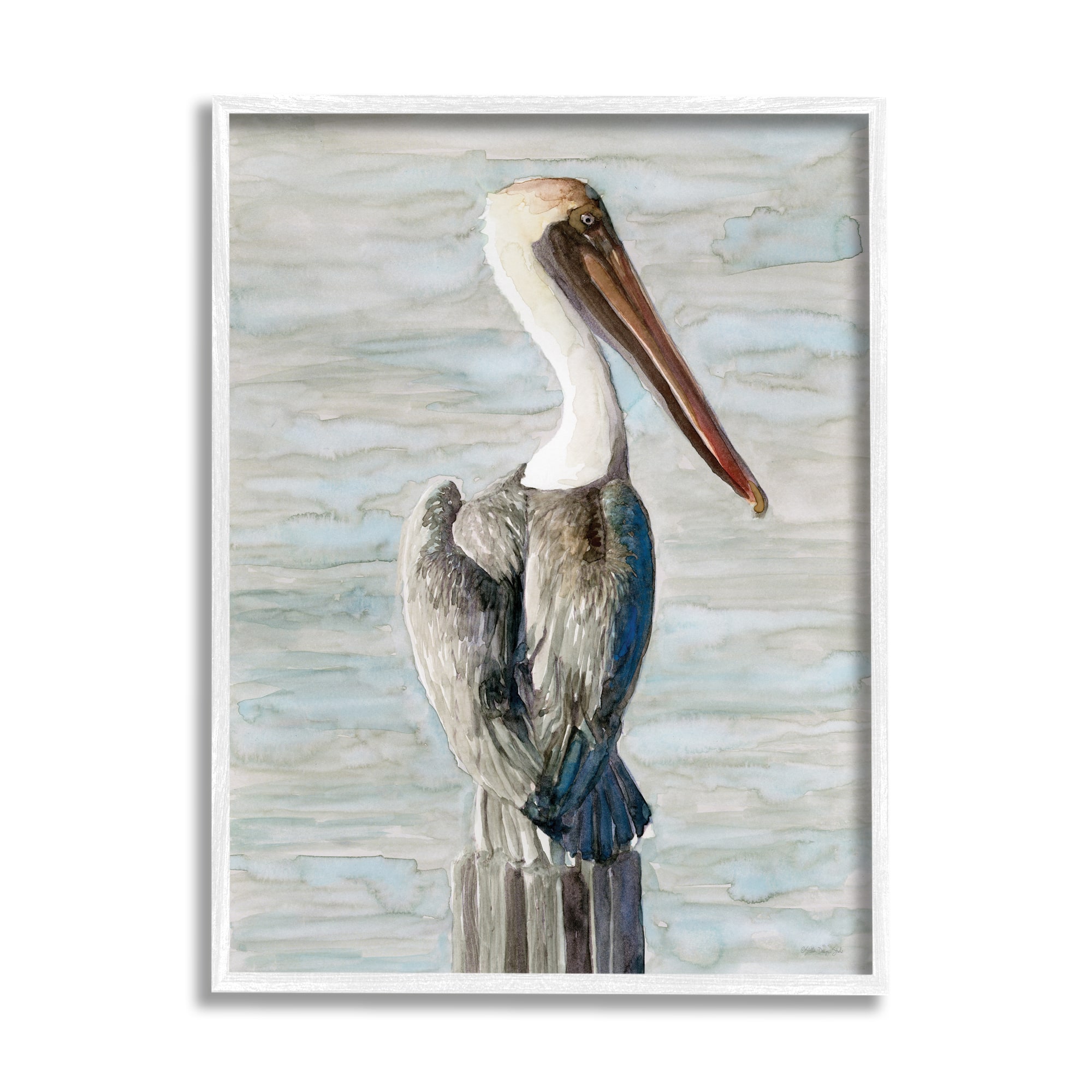 Stupell Industries Long Beak Pelican Watercolor Painting Coastal Waterfowl Bird Framed Wall Art