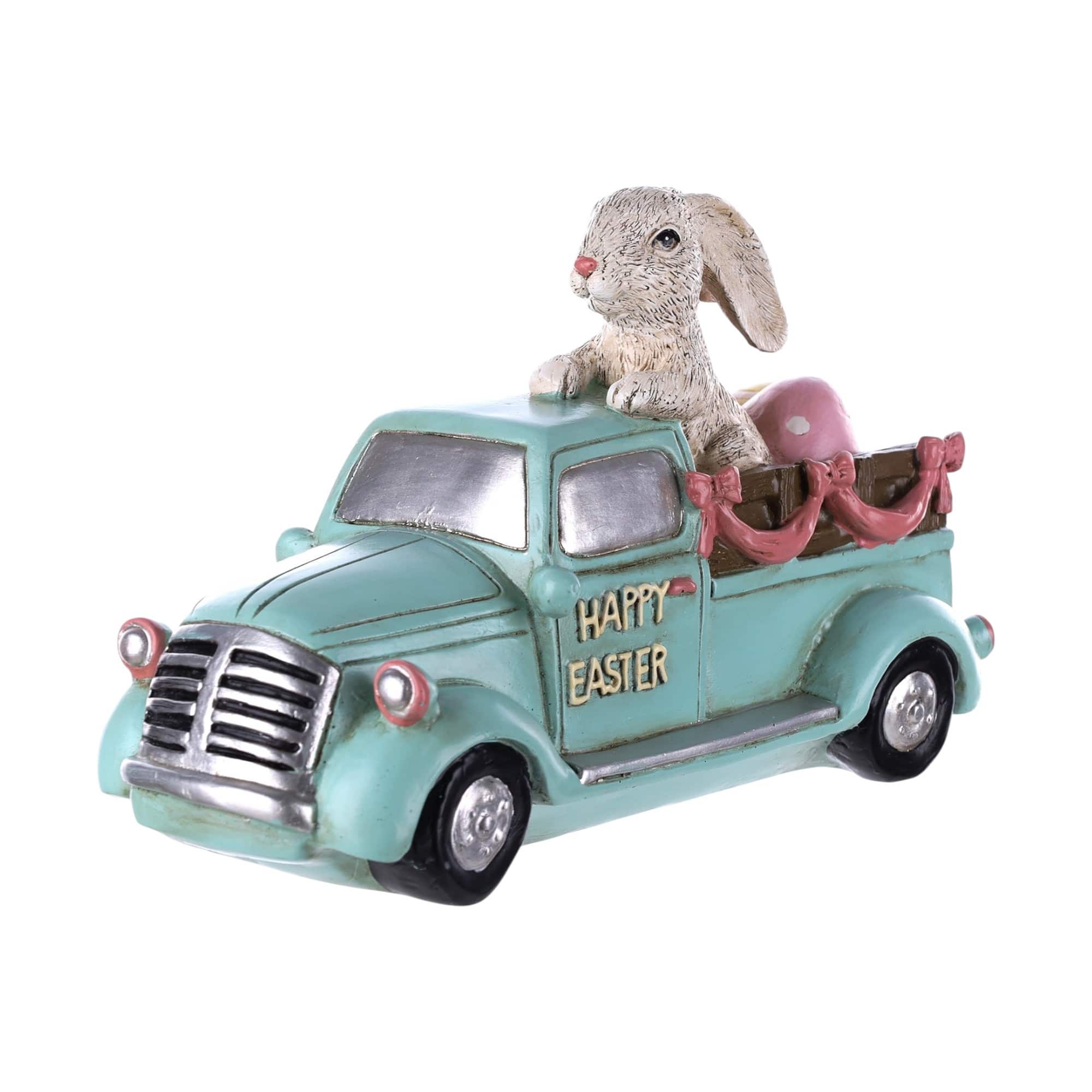 HomeRoots 9.5" Aqua Happy Easter Bunny & Car Resin Figurine