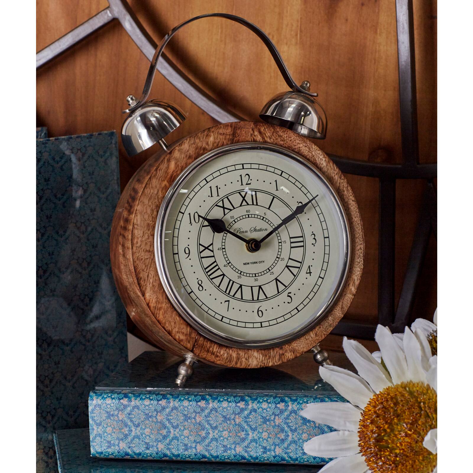 10" Brown Mango Wood & Aluminum Clock