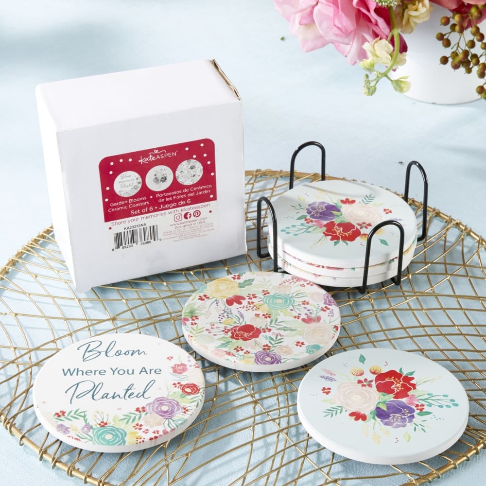 Kate Aspen® Garden Blooms Ceramic Coasters with Holder, 6ct.