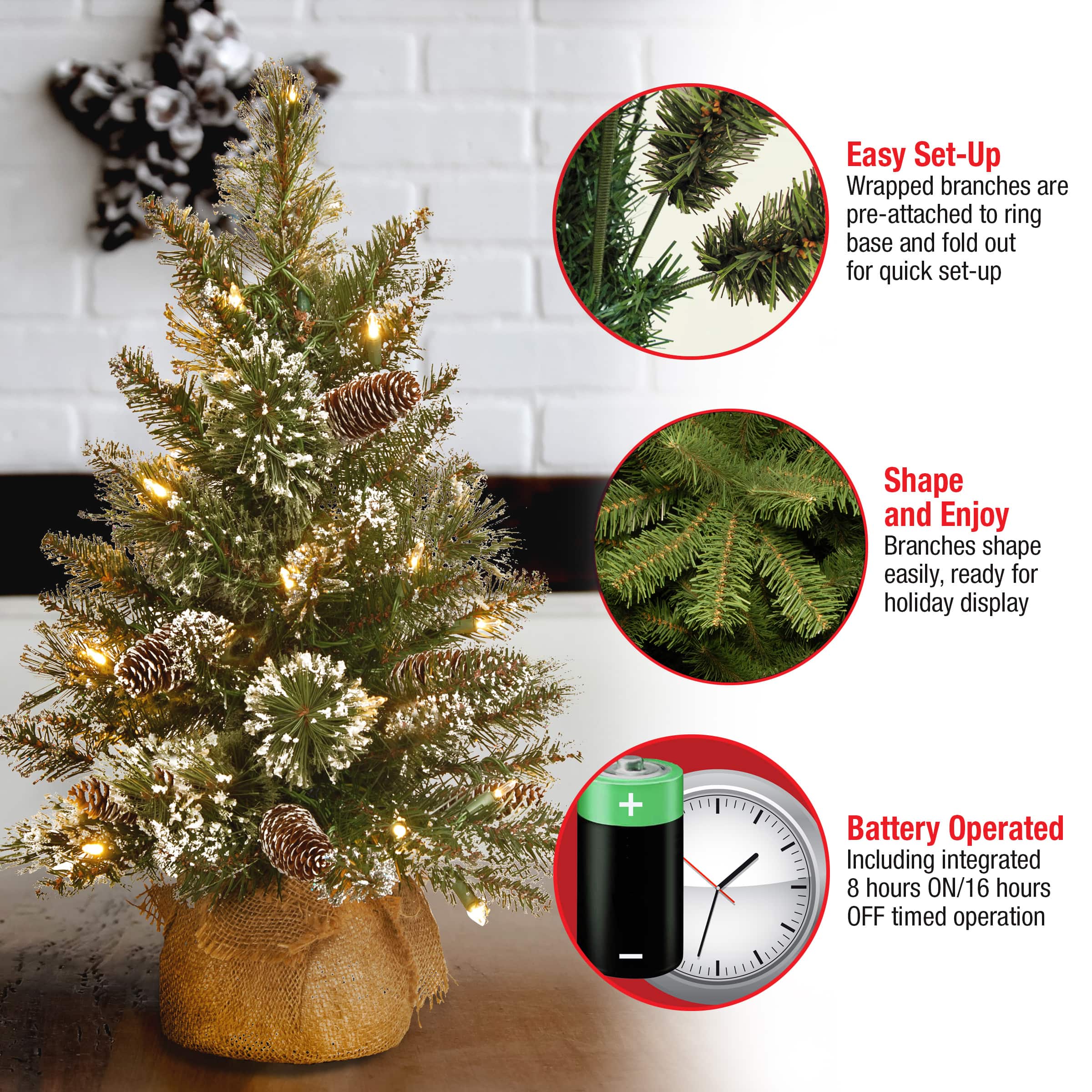 2ft. Pre-lit Glittery Bristle® Pine & Burlap Artificial Christmas Tree, Warm White LED Lights