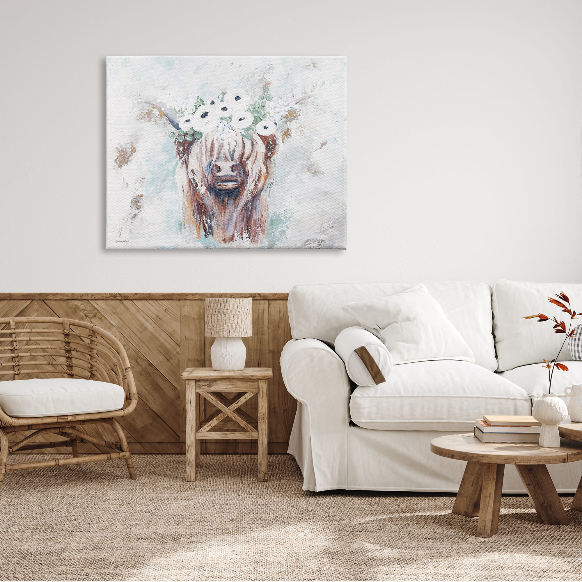 Stupell Industries Rustic Country Longhorn Cattle Flecked Flower Blossoms Canvas Wall Art