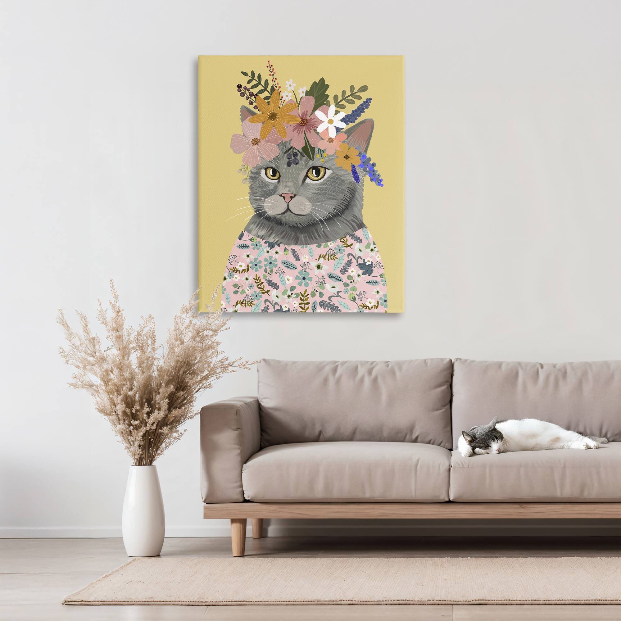Stupell Industries Spring Cat Floral Portrait Canvas Wall Art