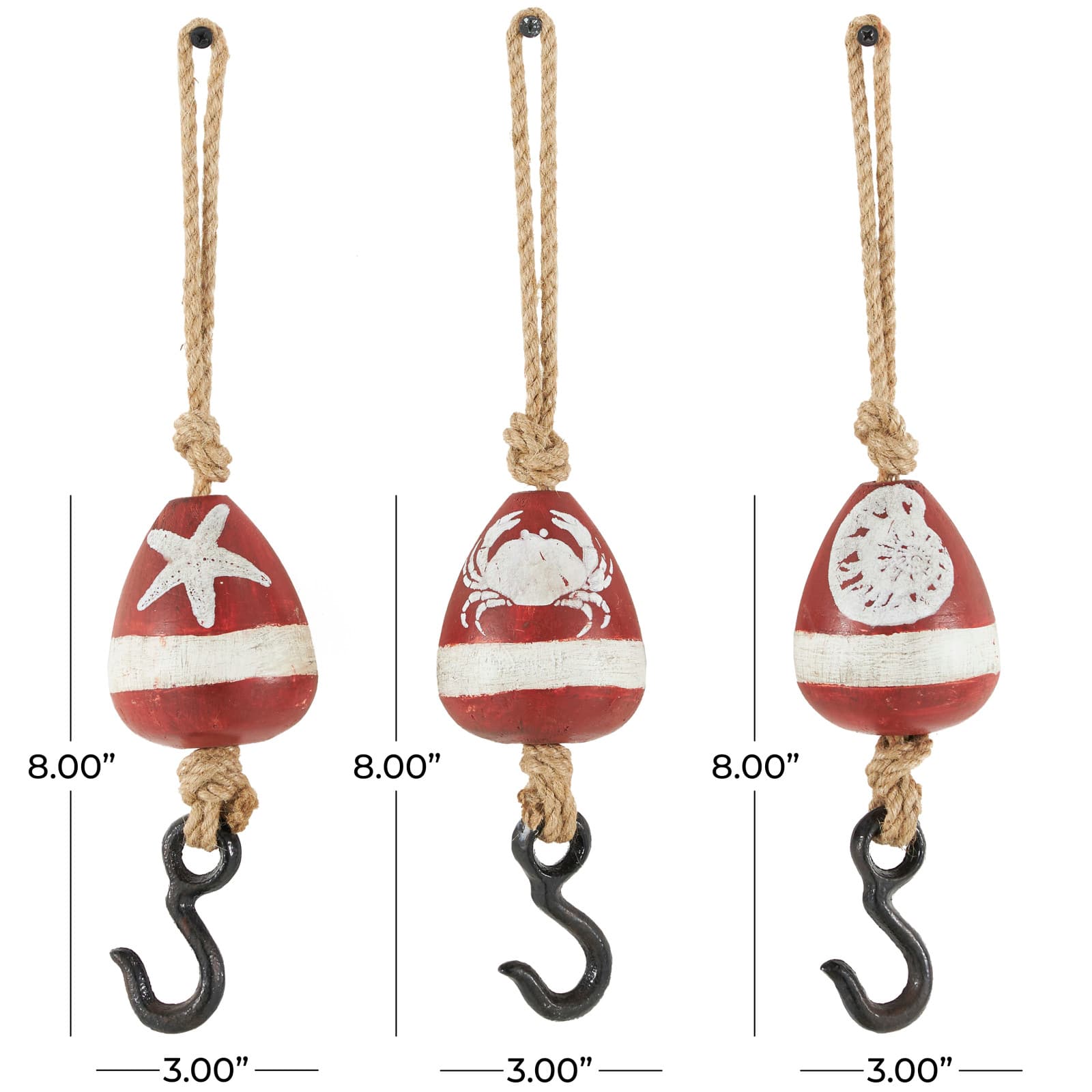 Red Wood Buoy Wall Hook with Jute Rope and Metal Hook Set