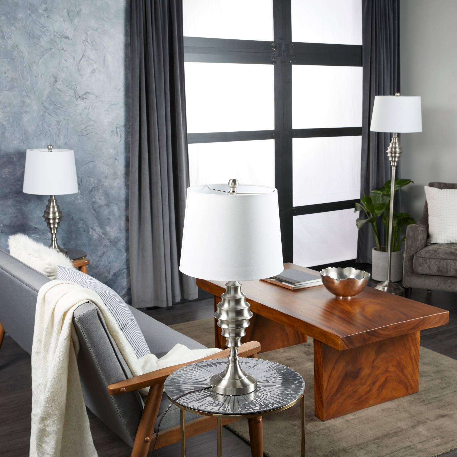 Set of 3 Silver Iron Coastal Table Lamp, 59" x 10" x 10"