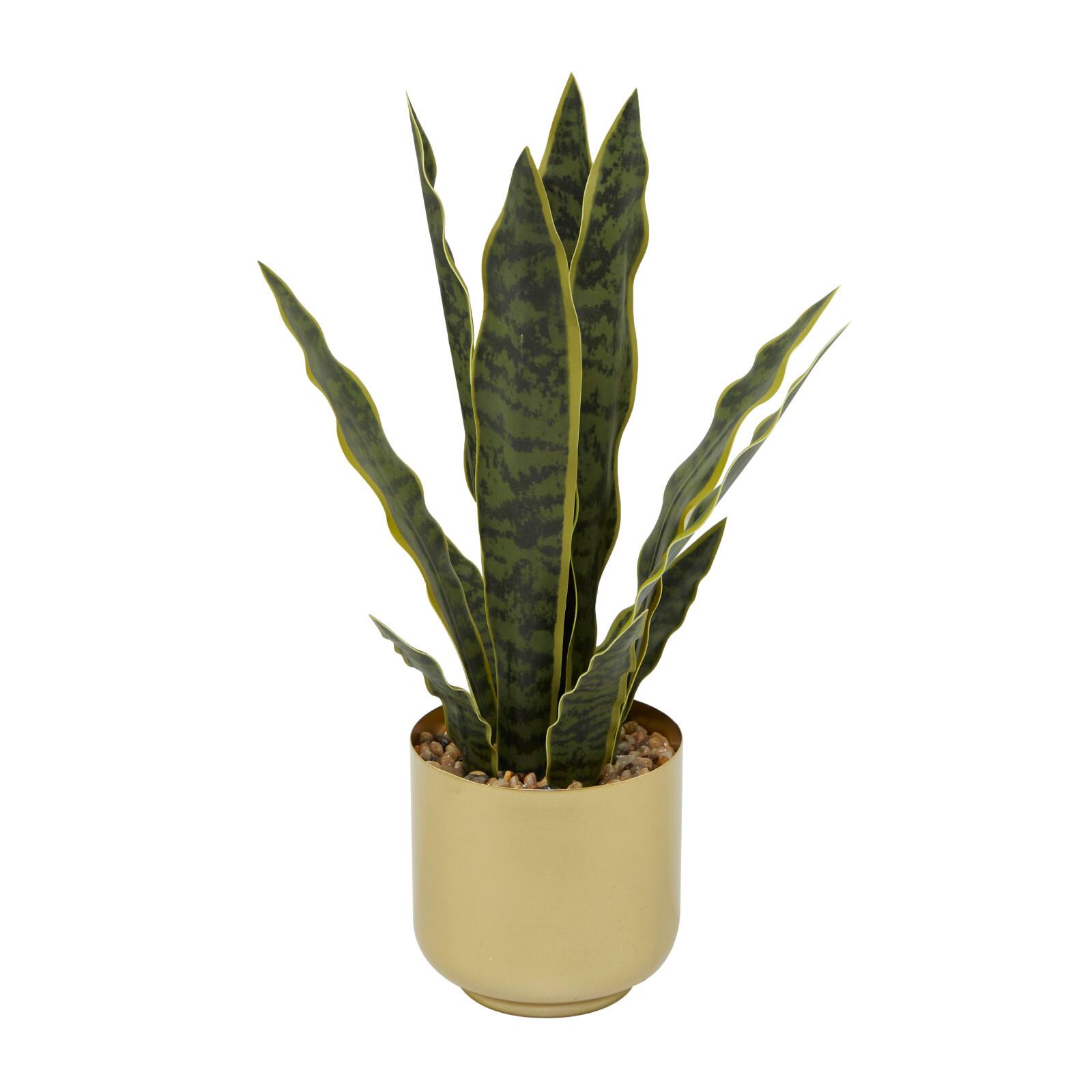 20" Green Snake Faux Foliage Artificial Plant with Gold Porcelain Pot