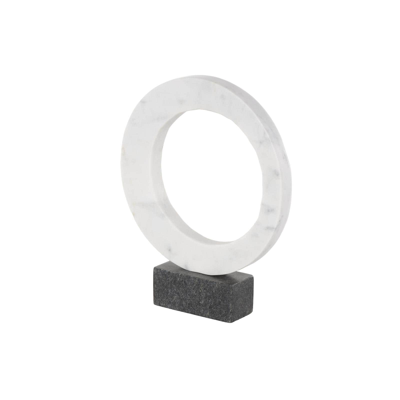 12.25" White Marble Geometric Open Ring Sculpture with Black Block Base
