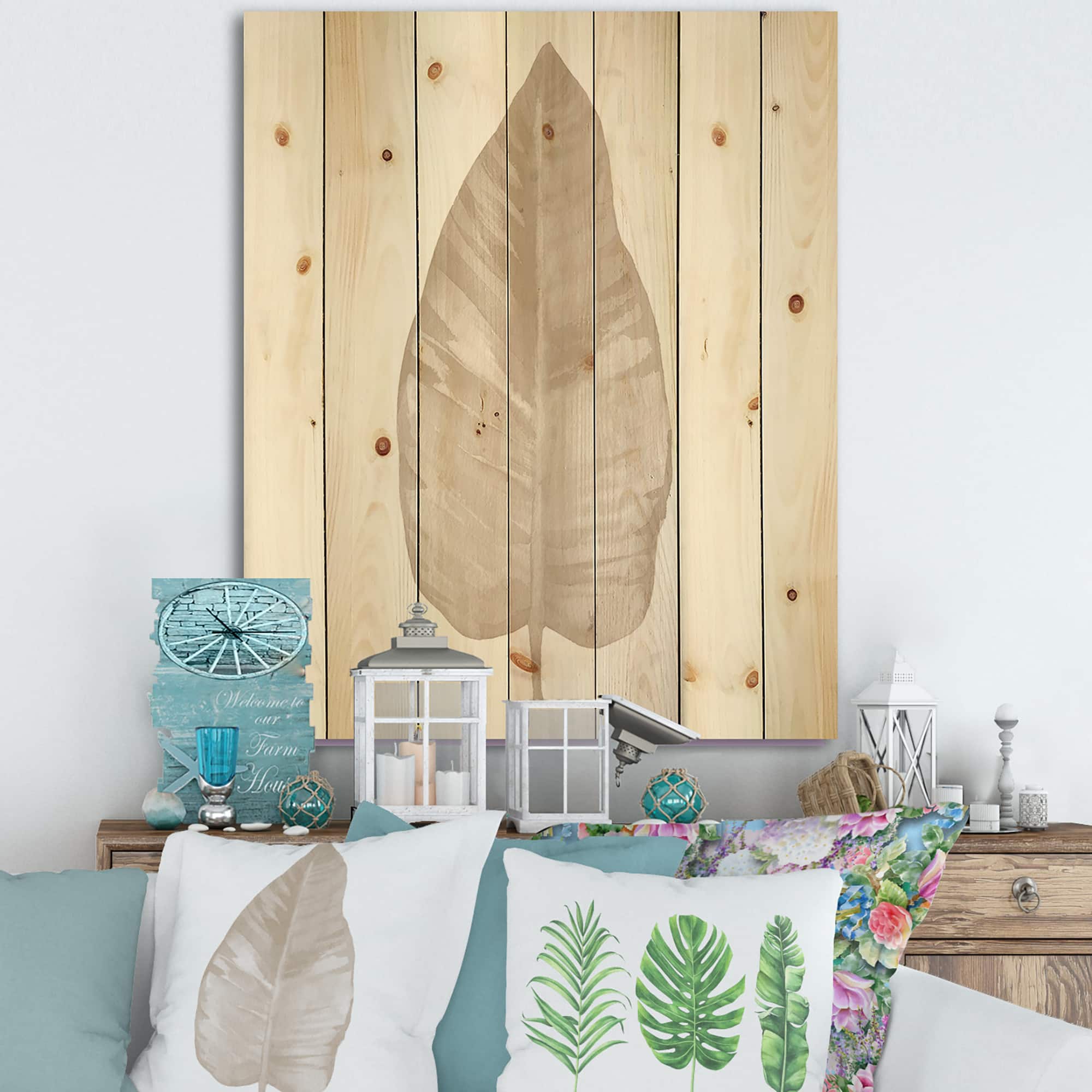 Designart - Dried Leaf Plant Beige On White - Traditional Print on Natural Pine Wood