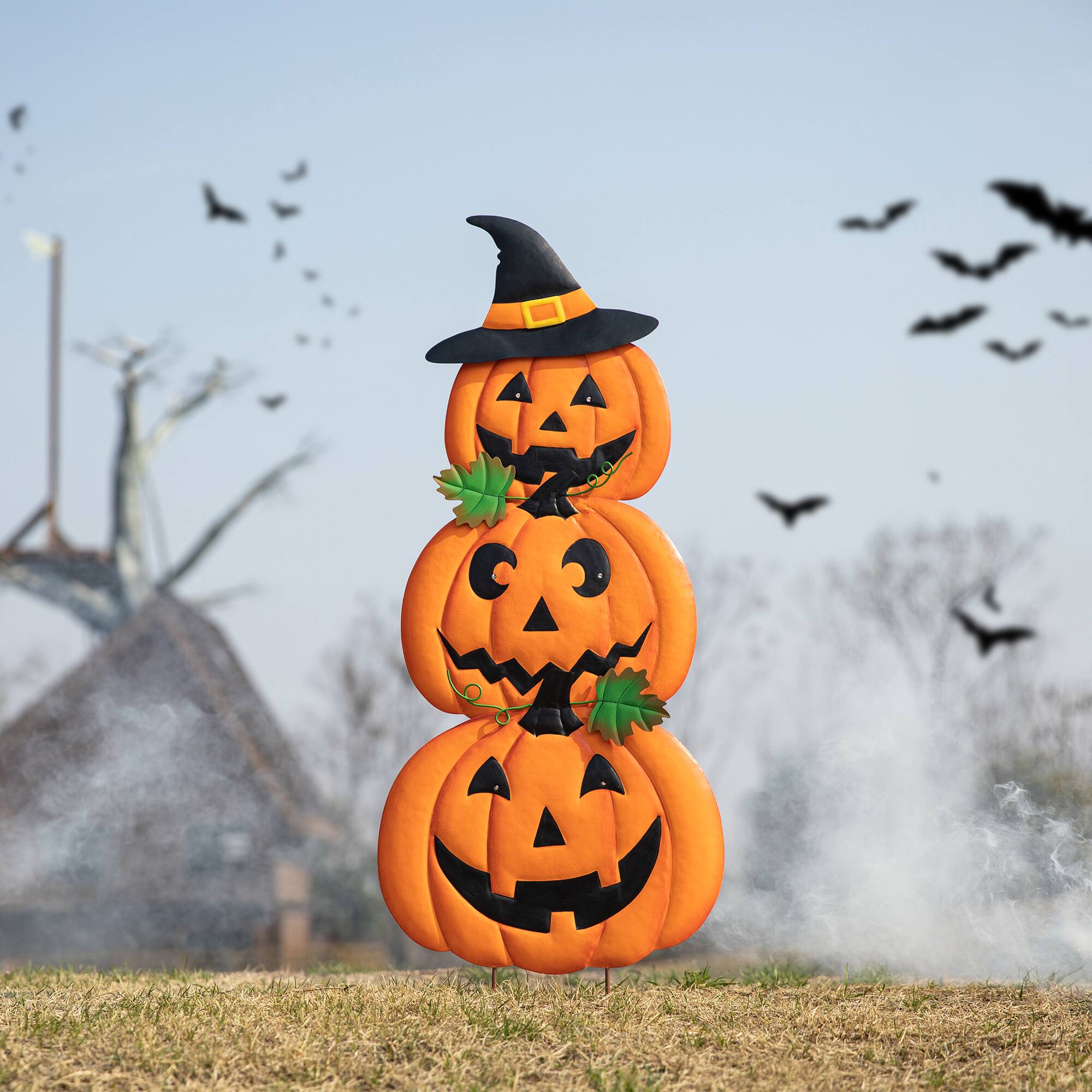 Glitzhome® 3.3ft. Halloween Lighted Metal Stacked Jack-O-Lantern Yard Stake Set with Timer