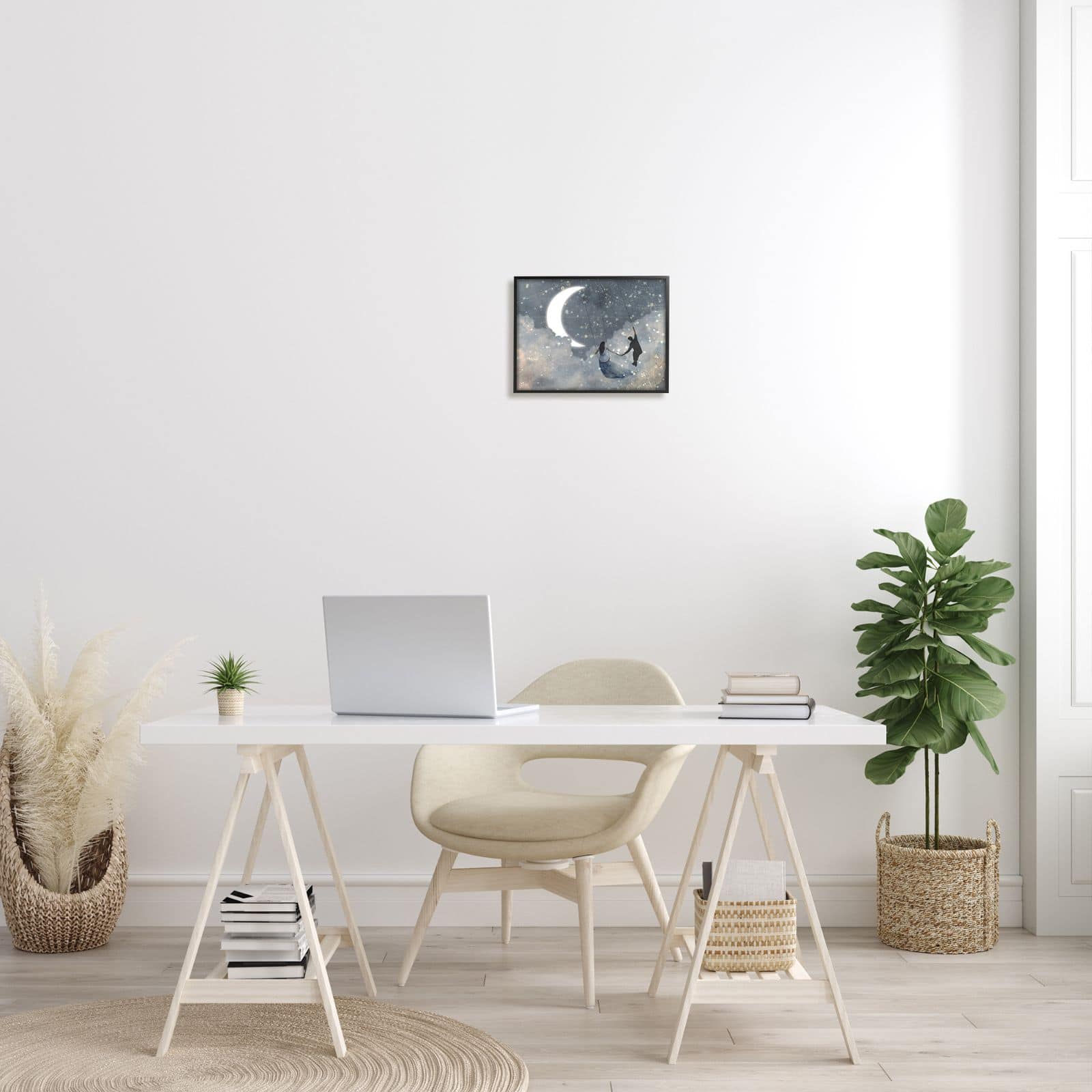 Stupell Industries Grey and Blue Celestial Love Sky Swinging by the Crescent Moon and Stars Framed Wall Art