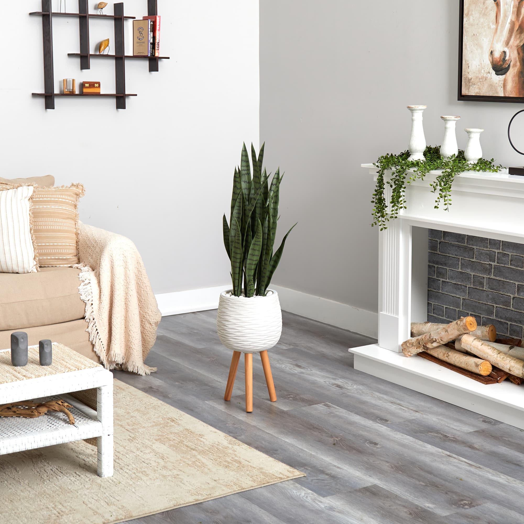 46" Sansevieria Plant in White Planter with Stand