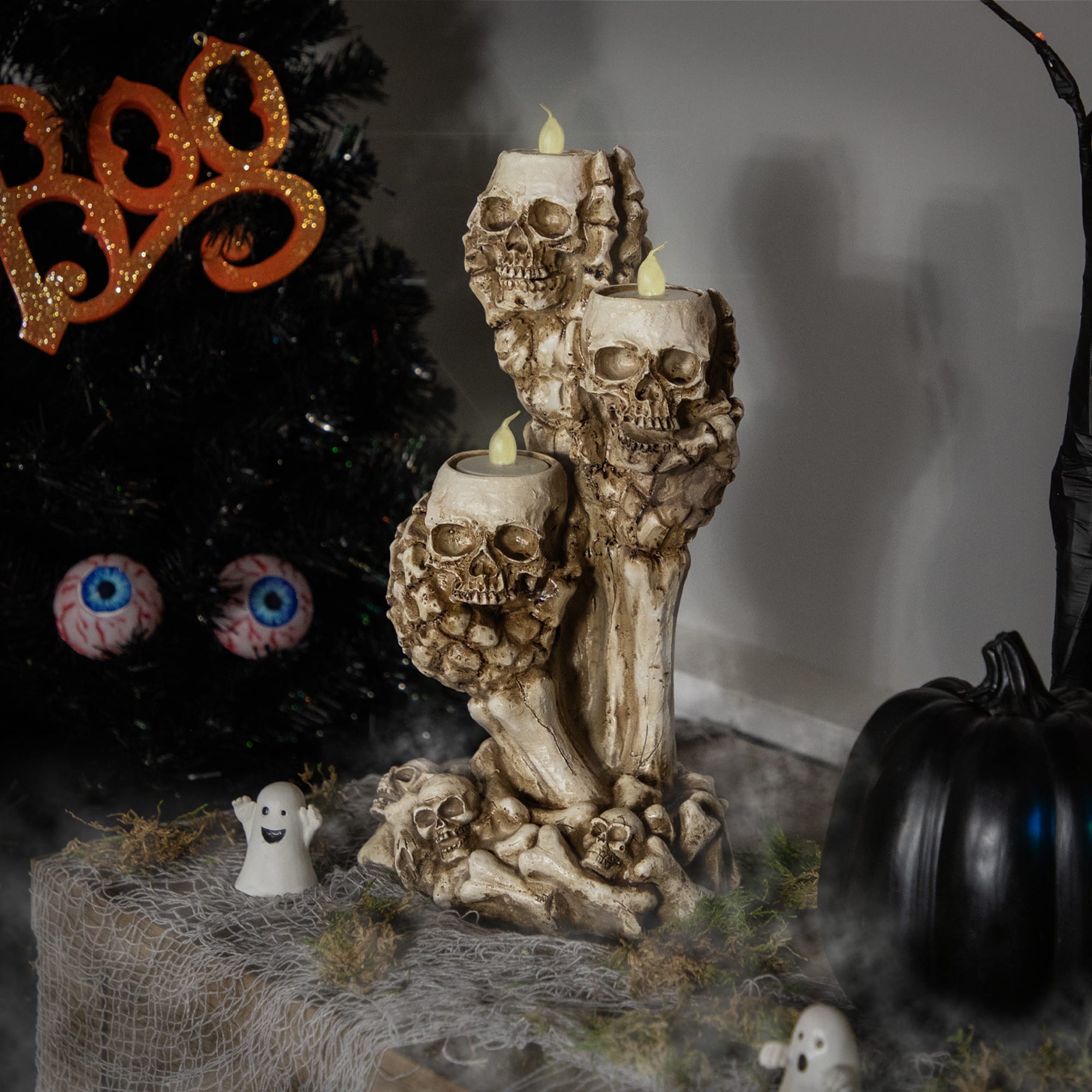 12" Triple Skulls Halloween Tea Light Candle Holder