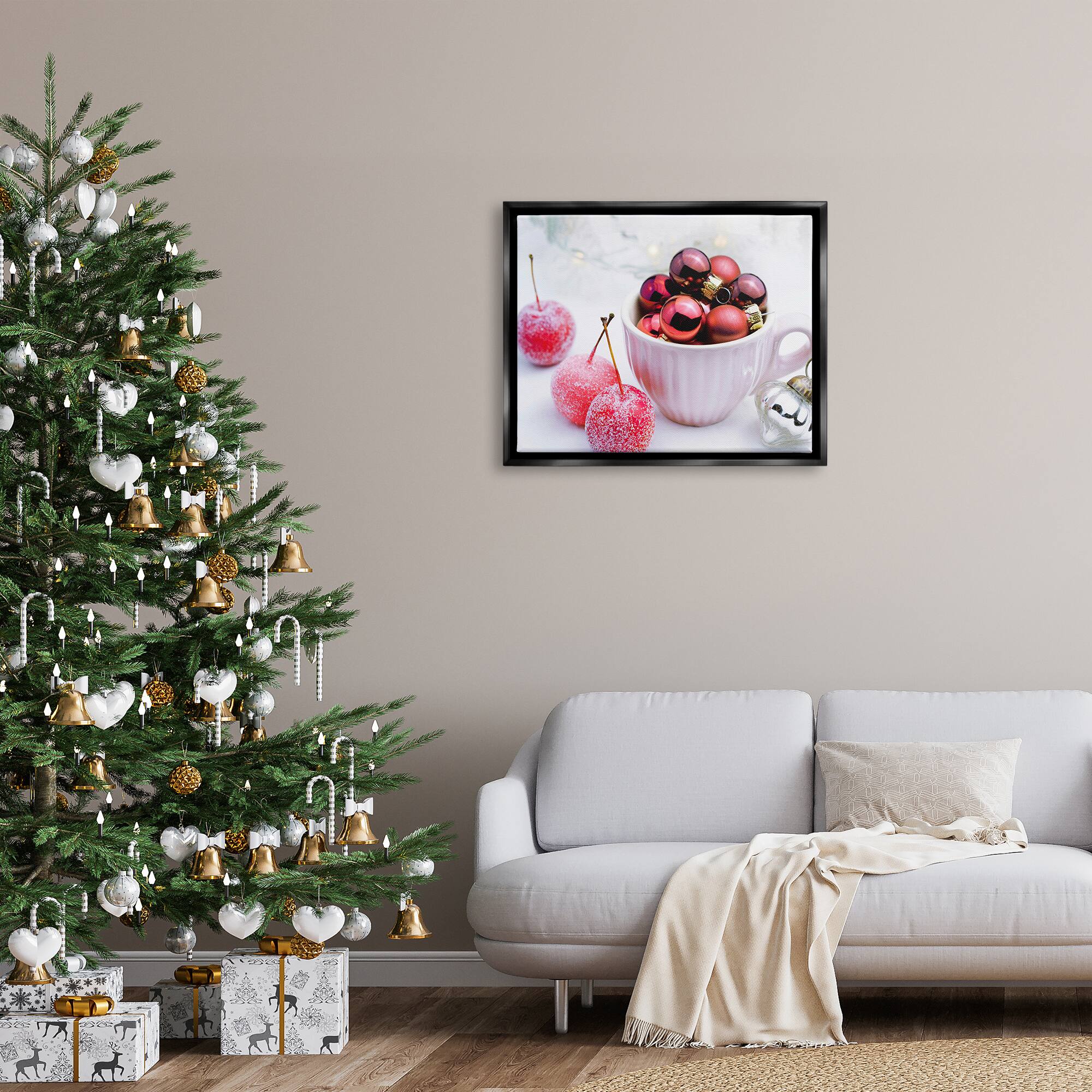 Stupell Industries Gleaming Red Christmas Ornaments Framed Floater Canvas Wall Art