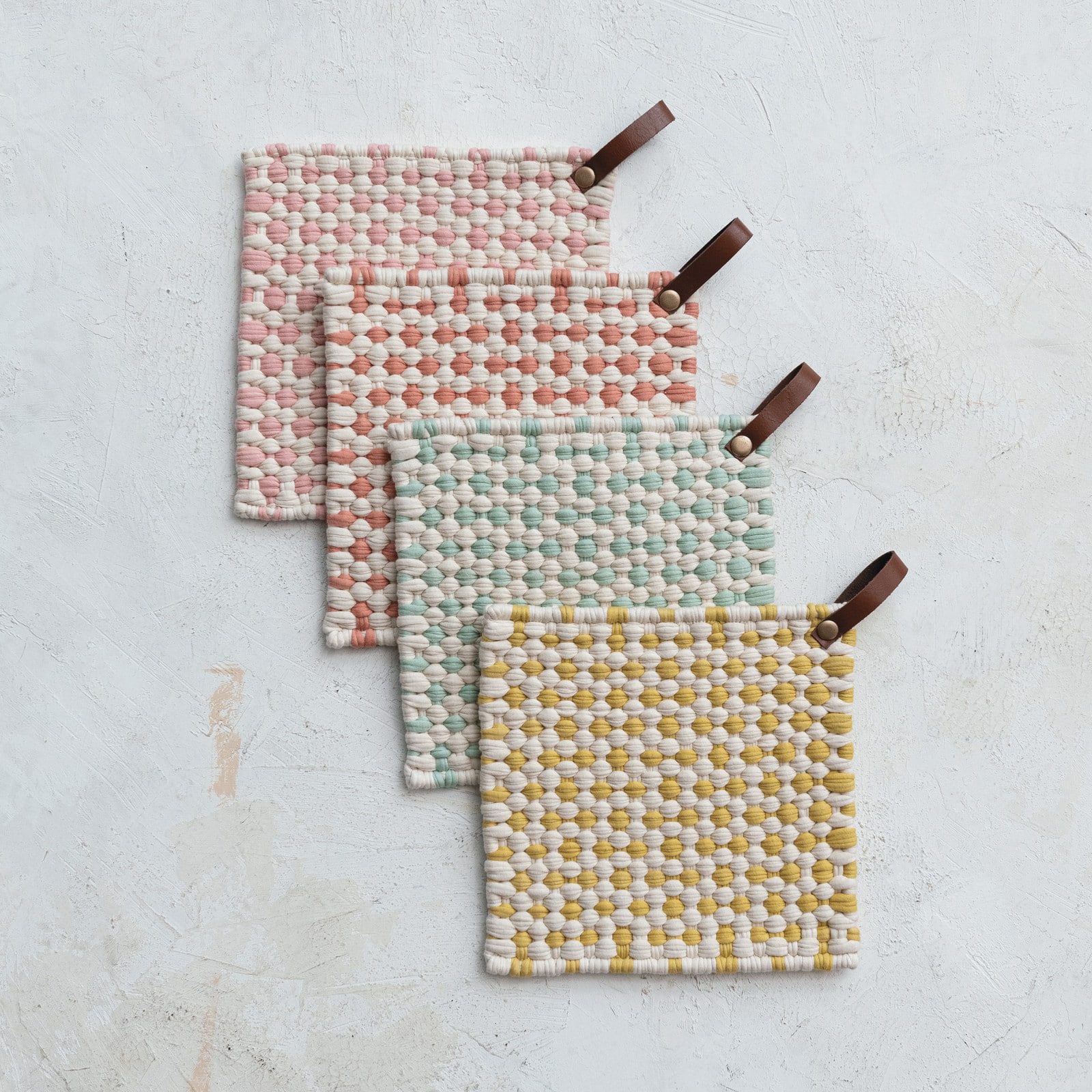 Hello Honey® Light Hue Cotton Crocheted Pot Holders with Leather Loops Set