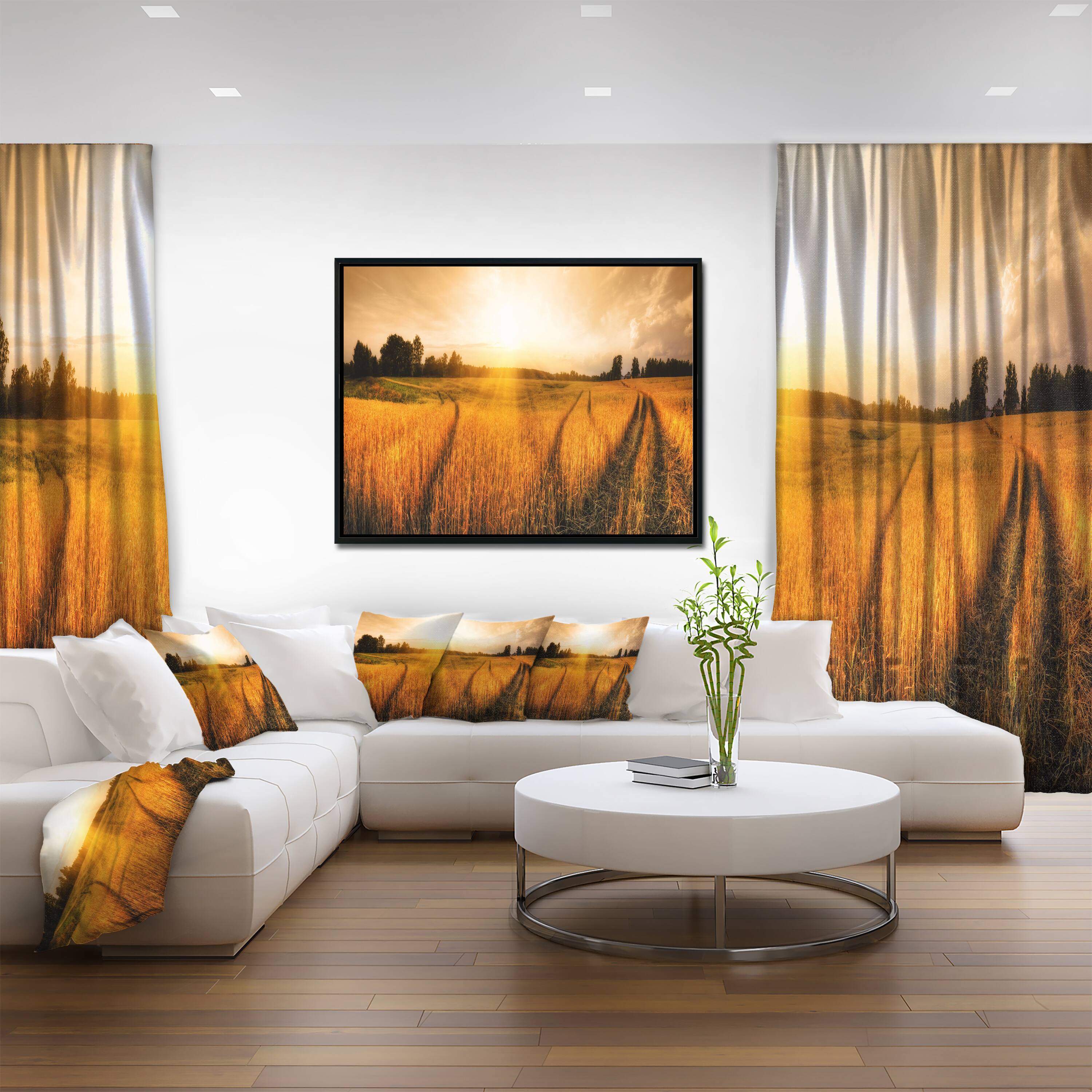 Designart - Wheat Field at Sunset Panorama - Photography Canvas Art Print in Black Frame