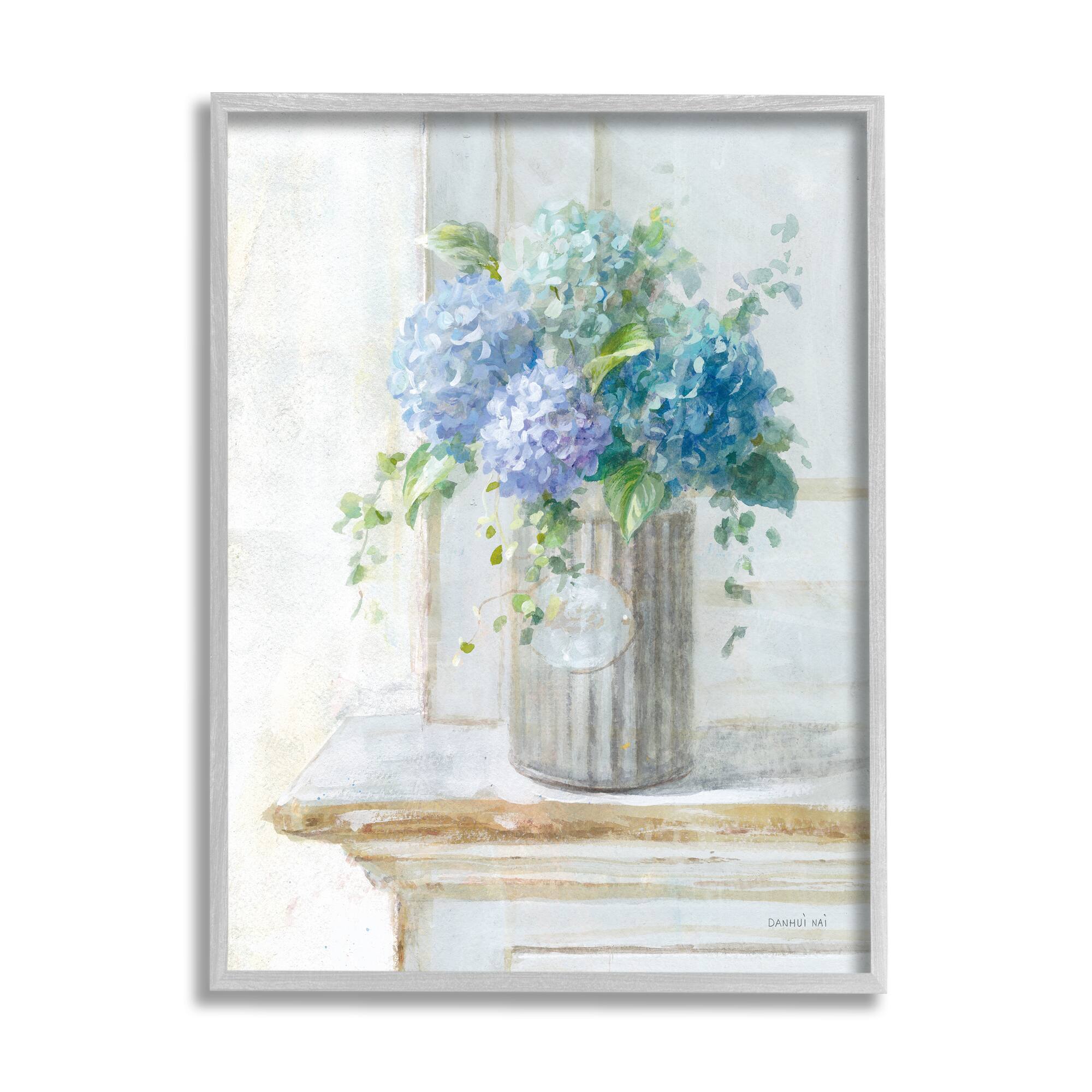 Stupell Industries Blue Hydrangea Bouquet Country Milk Tin Floral Painting Framed Wall Art