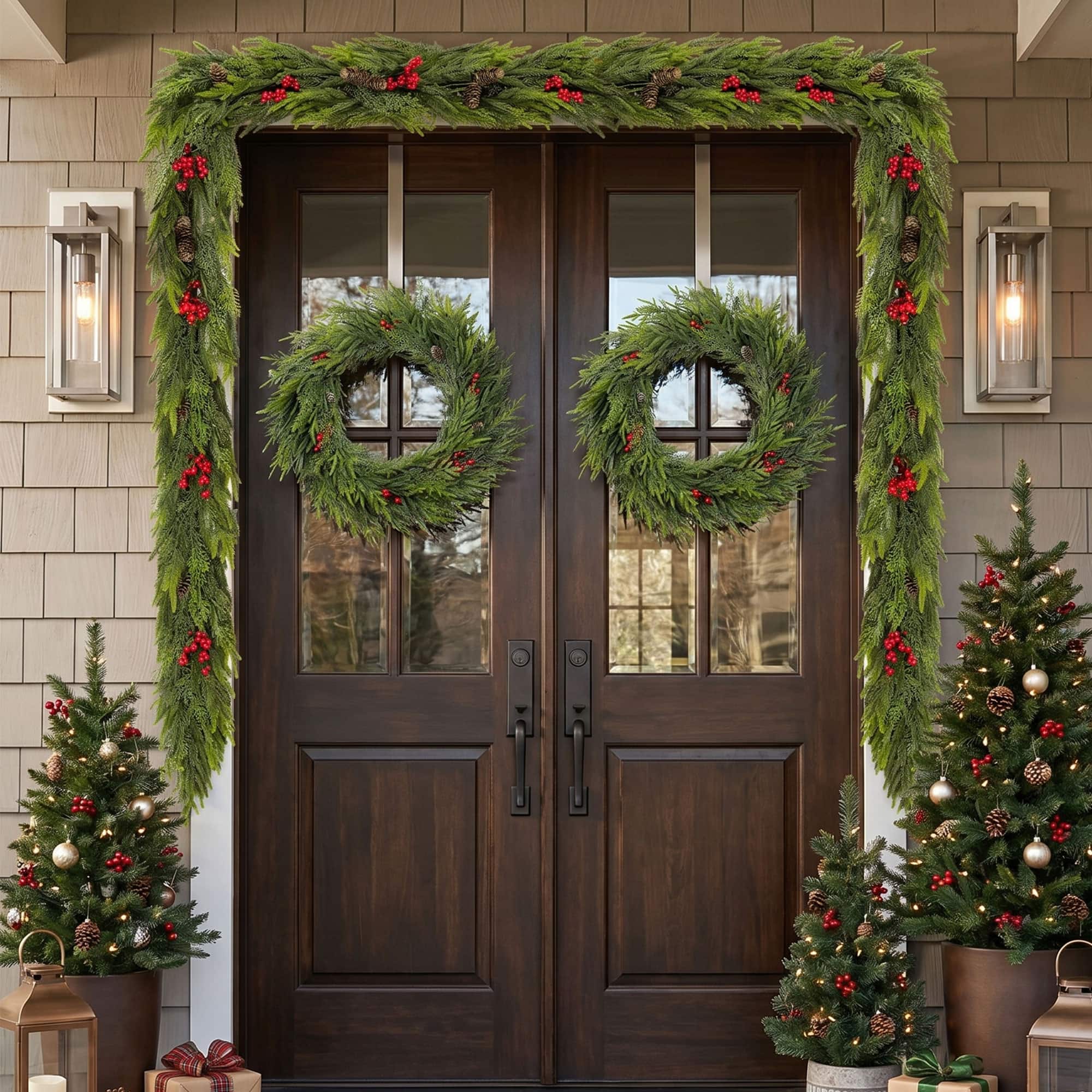 Glitzhome® 9ft. Christmas PE Dripping Garland with Pinecones and Red Berries, Set of 2