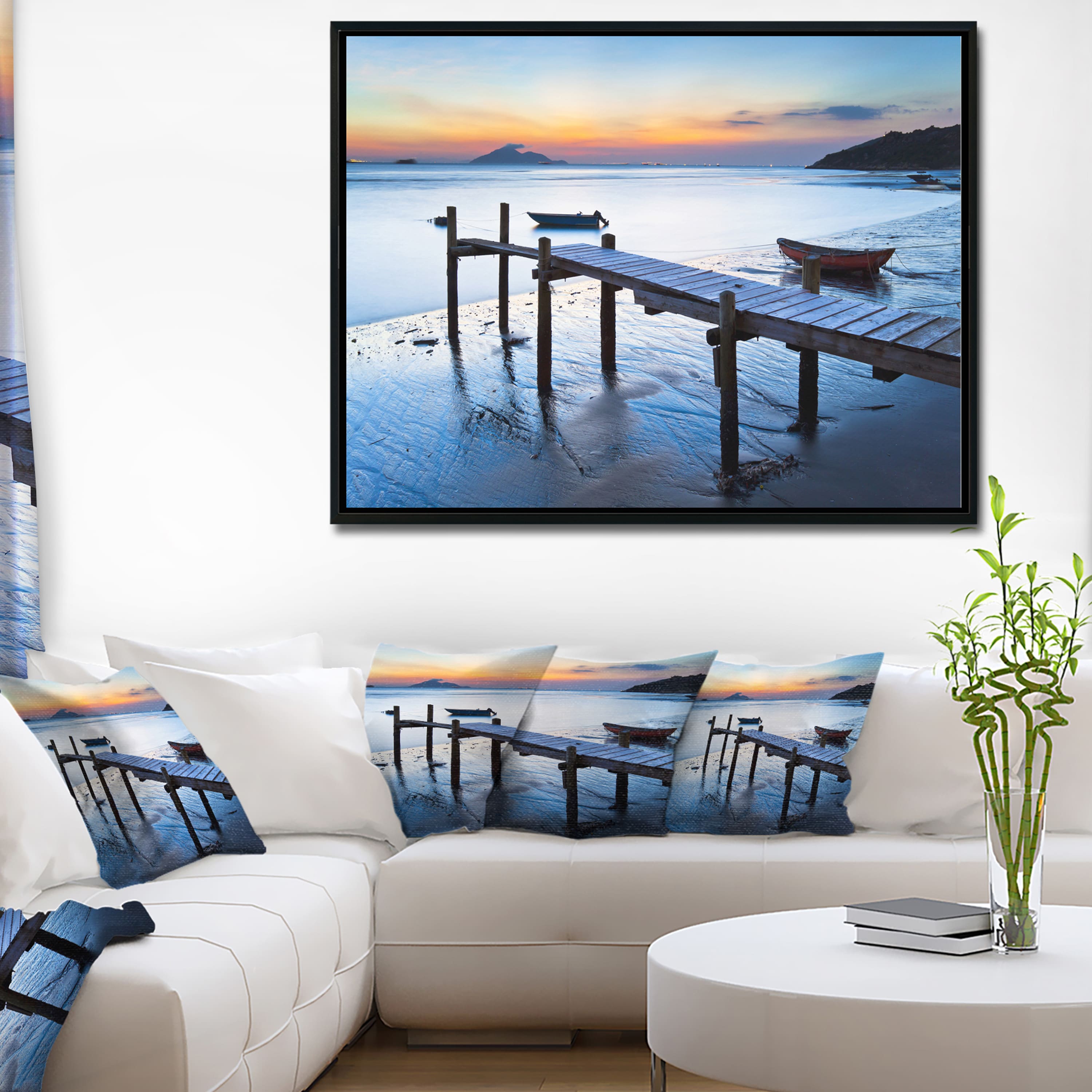 Designart - Old Wooden Pier in Bright Sea - Seascape Canvas Art Print in Black Frame