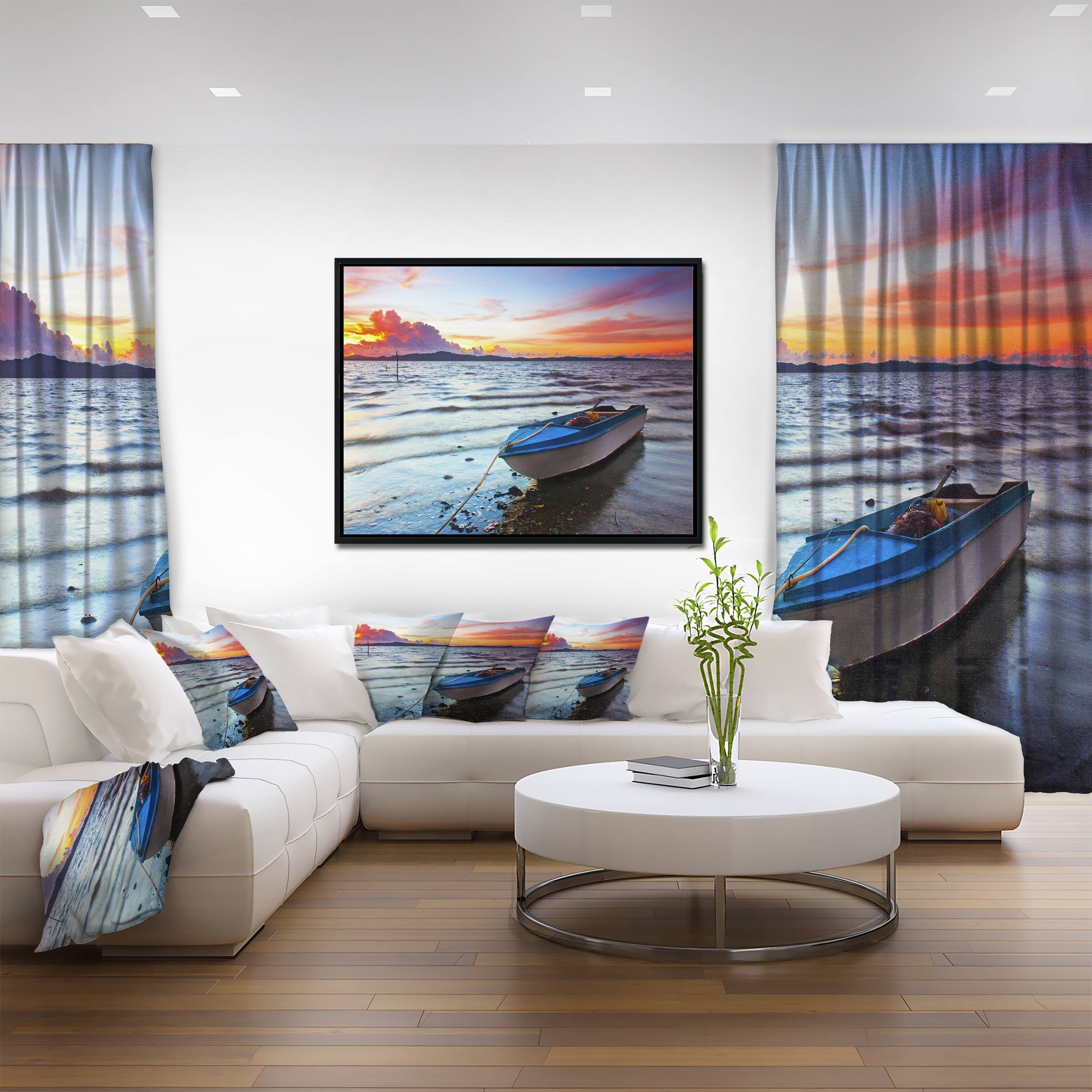 Designart - Boat at the Sunset - Landscape Photography Canvas Print in Black Frame