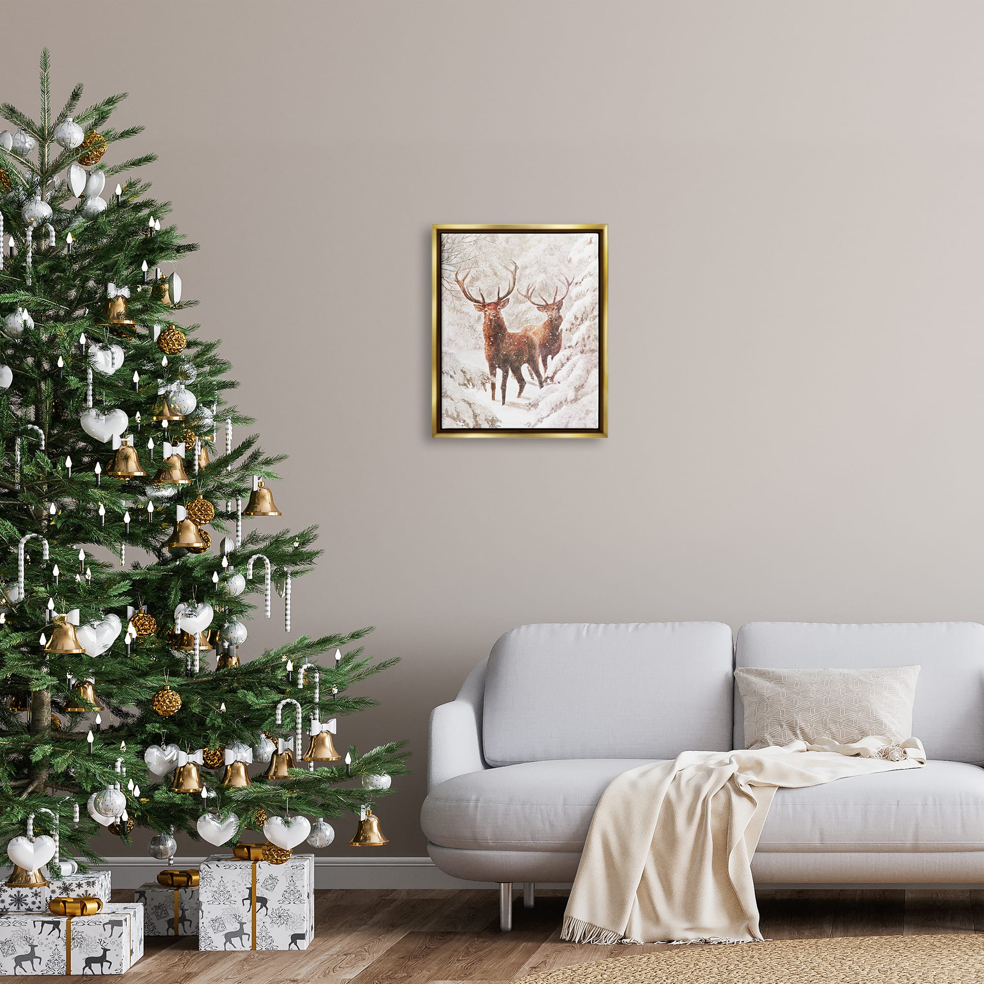 Stupell Industries Elks Snowy Forest Wildlife Black Framed Floater Canvas Wall Art