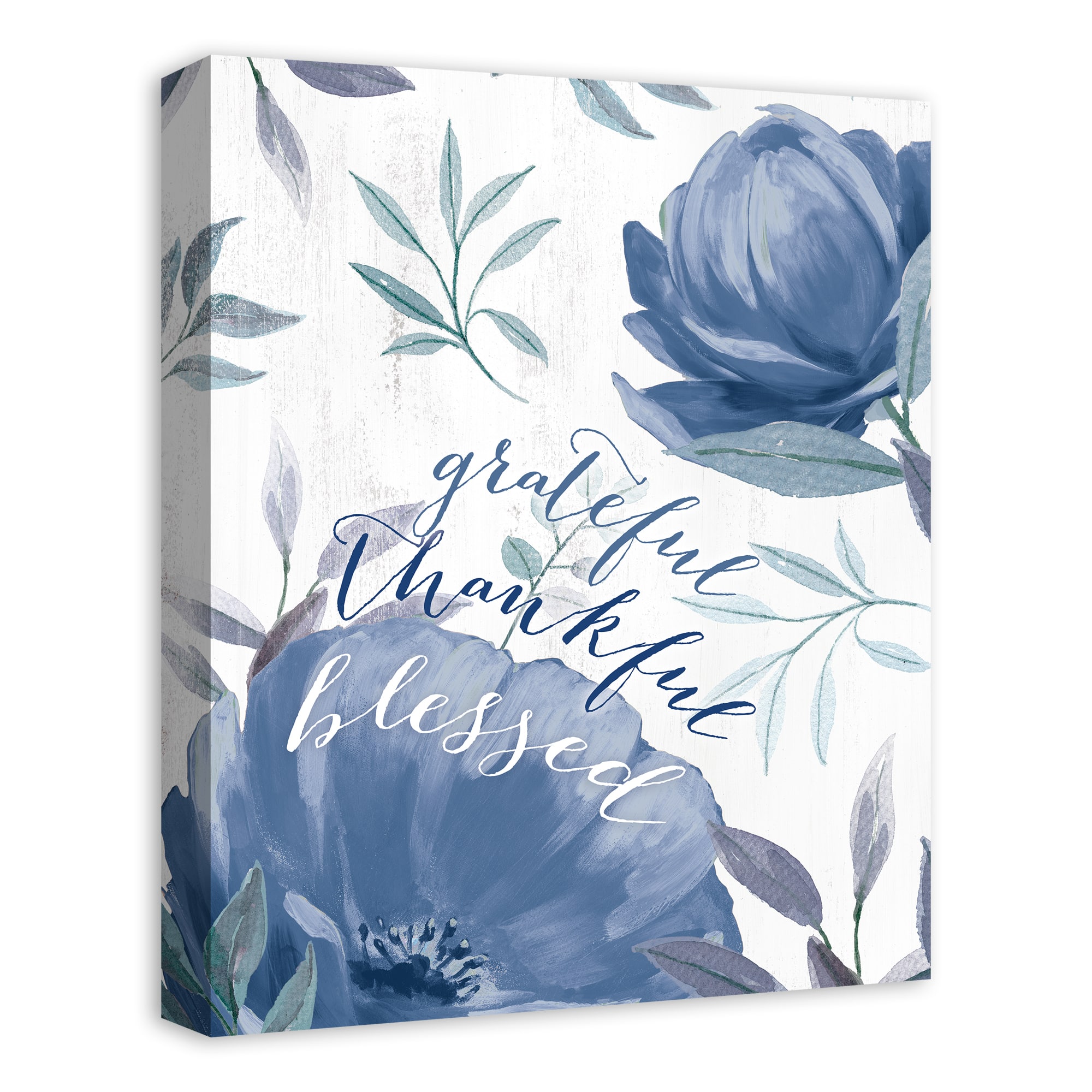 Blue Floral Grateful Thankful Blessed Canvas Wall Art