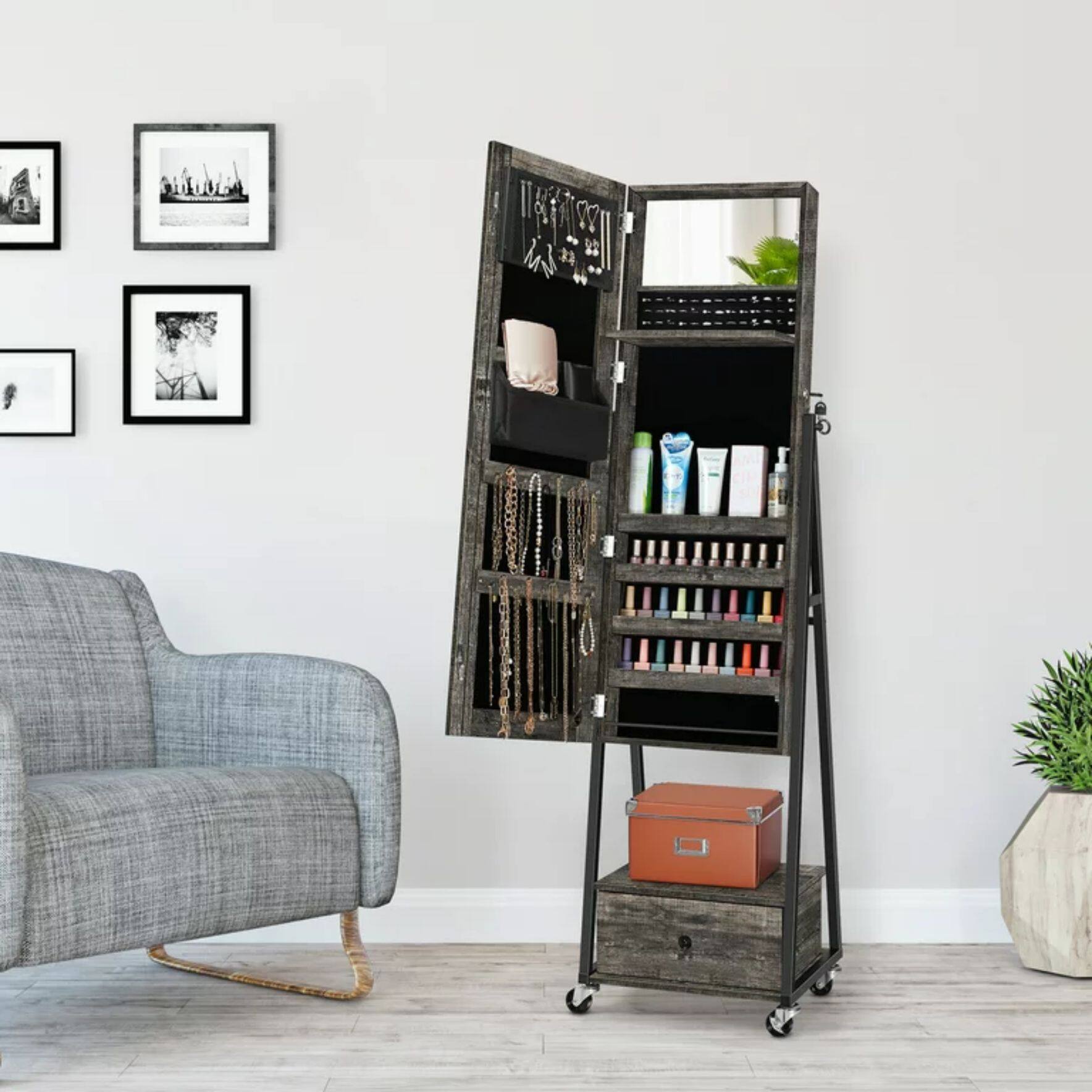 NEX™ 5ft. Dark Gray Jewelry Armoire on Casters with Chest Drawer
