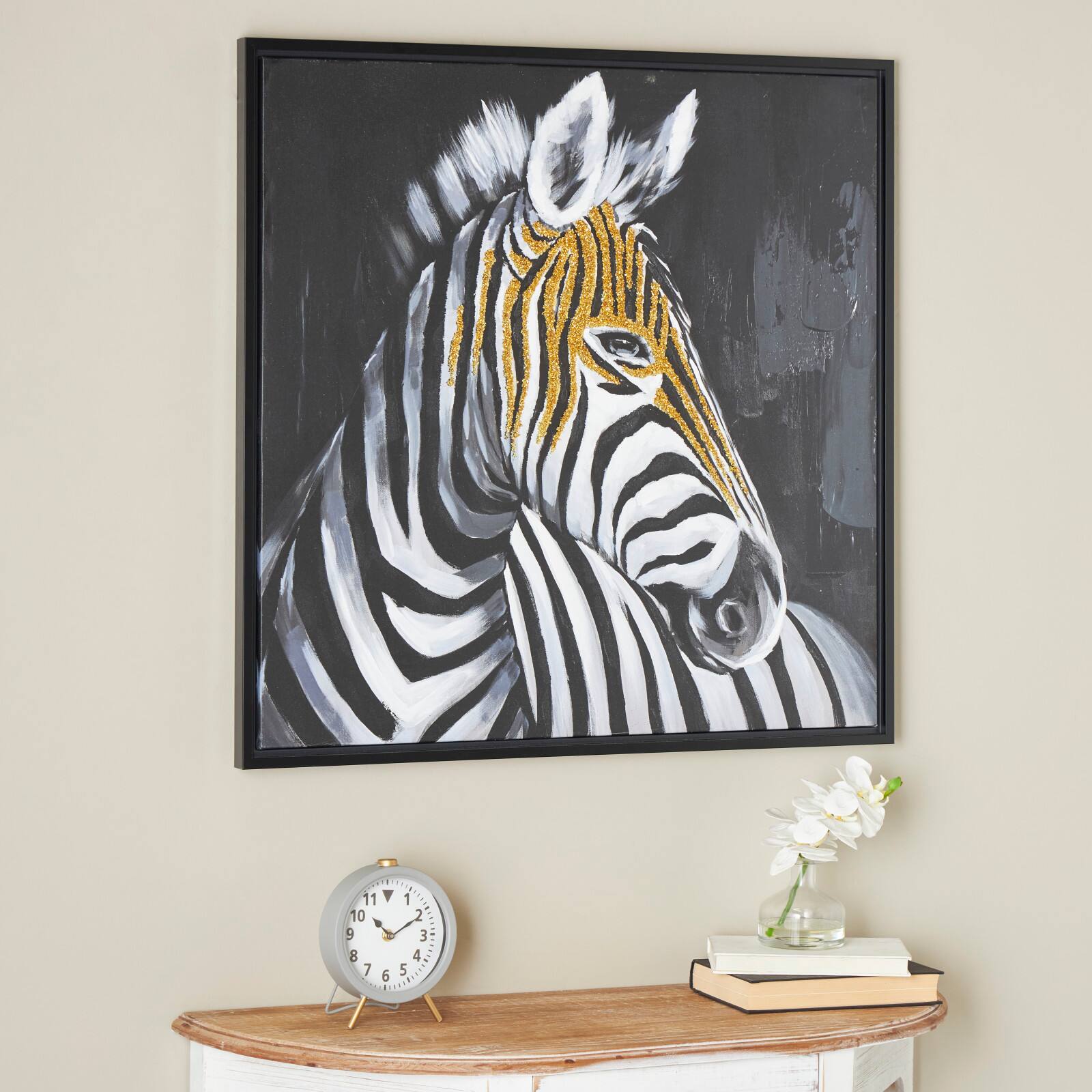 32" x 32" Black Canvas Zebra Framed Wall Art with Gold Foil Accents