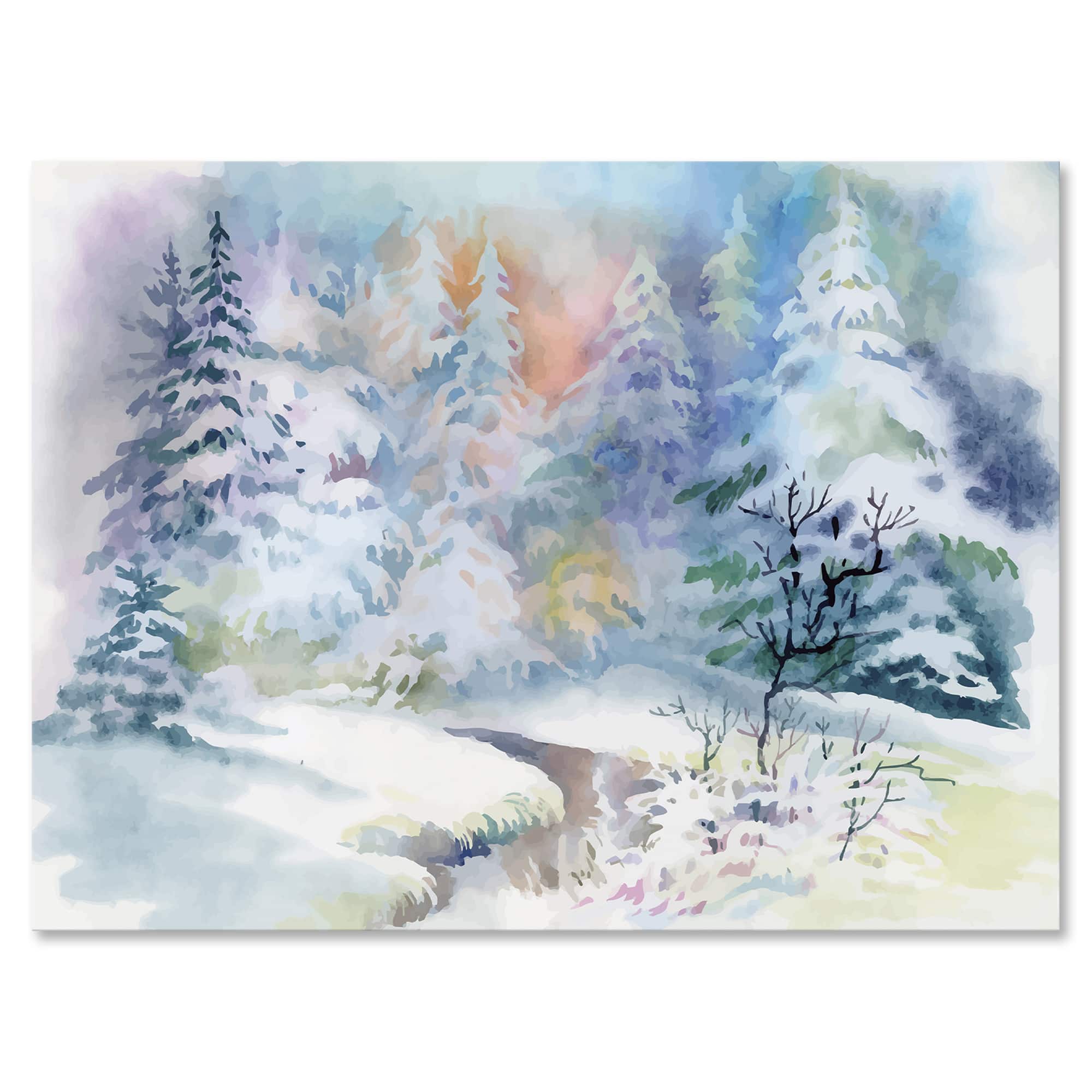 Designart - Winter Landscape With Snowy River I - Traditional Canvas Wall Art Print